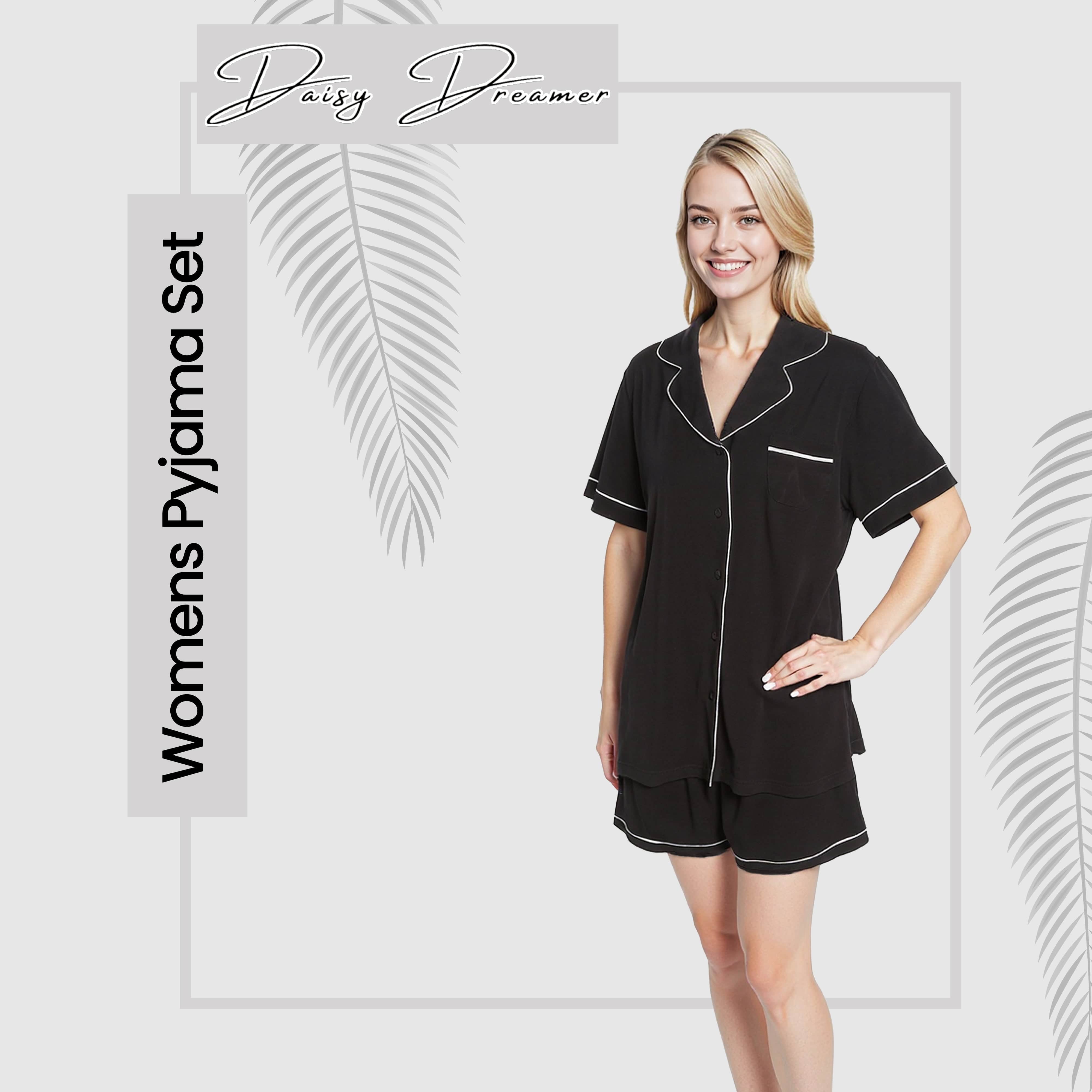 OLIVIA ROCCO Women Black Short Pyjama Set Super Soft Sleepwear With Button Up Top And Pockets Daisy Dreamer Lounge Wear Comfy