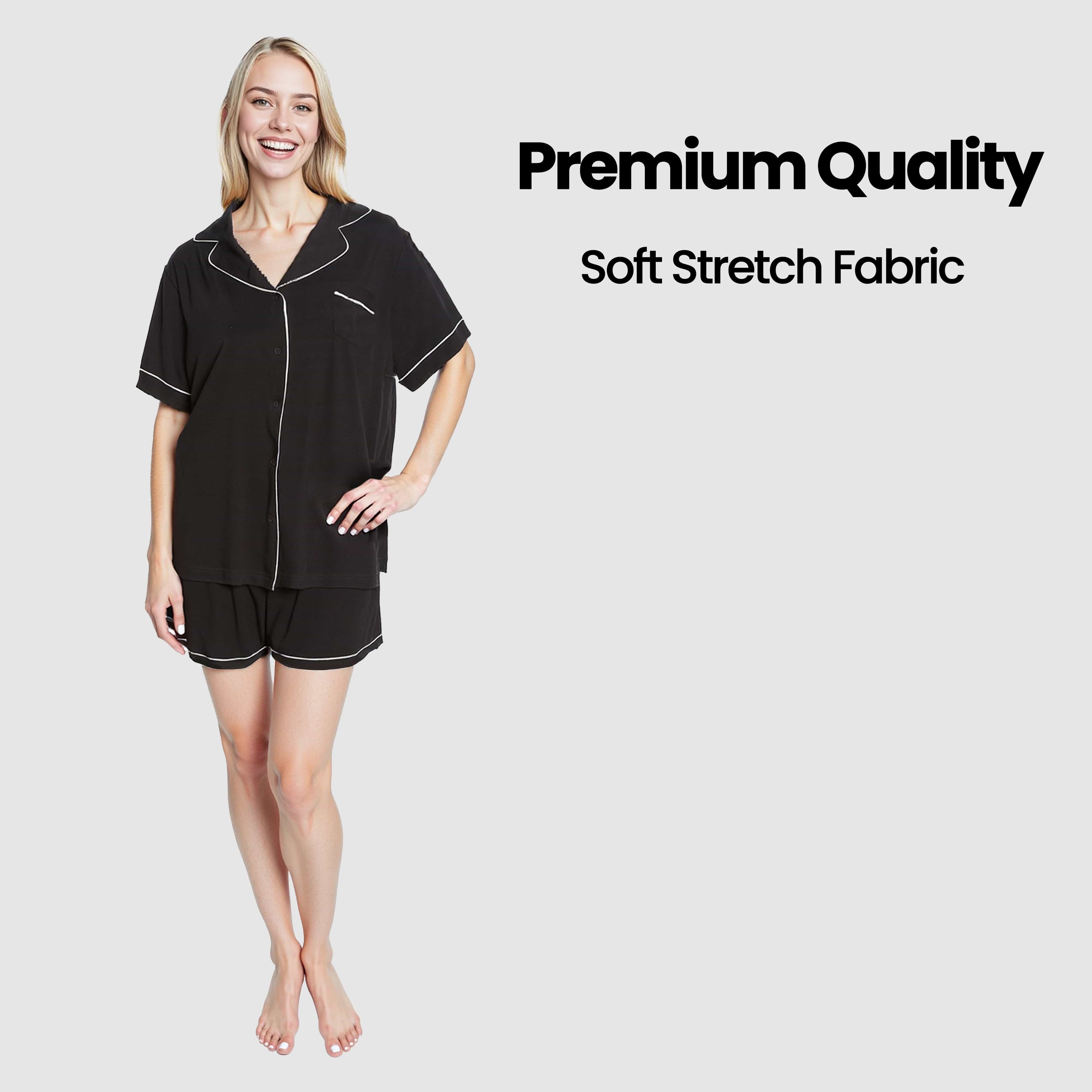 OLIVIA ROCCO Women Black Short Pyjama Set Super Soft Sleepwear With Button Up Top And Pockets Daisy Dreamer Lounge Wear Comfy