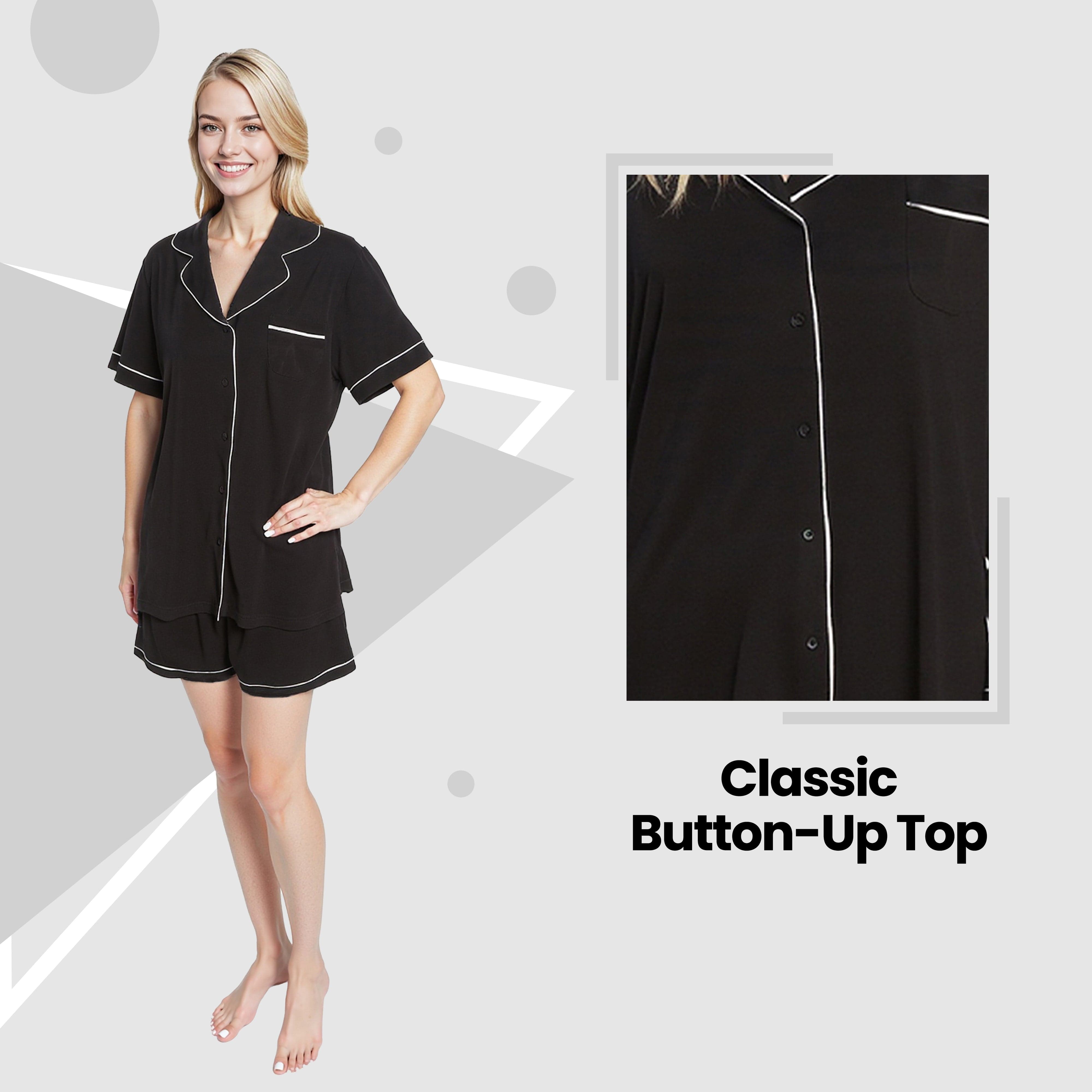 OLIVIA ROCCO Women Black Short Pyjama Set Super Soft Sleepwear With Button Up Top And Pockets Daisy Dreamer Lounge Wear Comfy