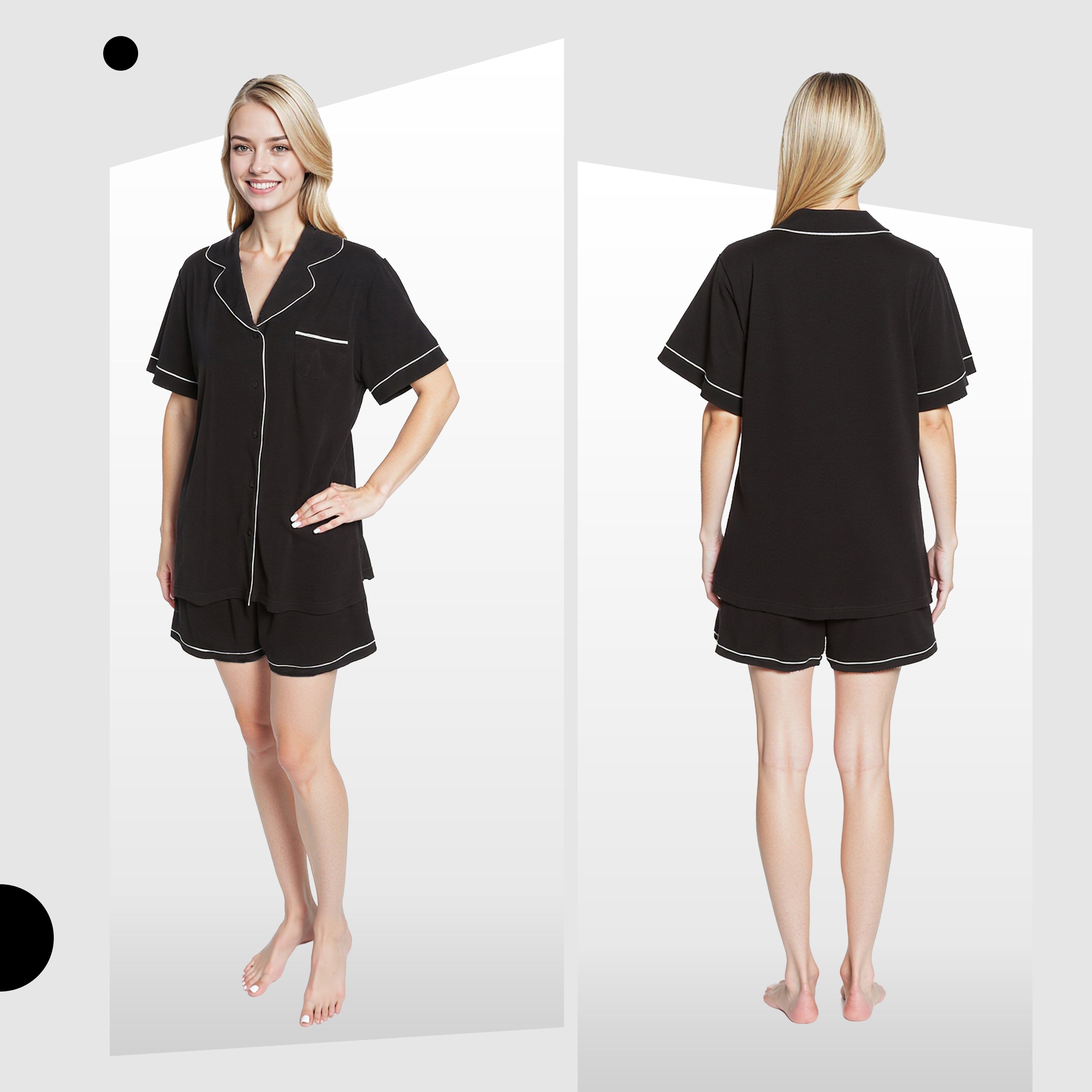 OLIVIA ROCCO Women Black Short Pyjama Set Super Soft Sleepwear With Button Up Top And Pockets Daisy Dreamer Lounge Wear Comfy