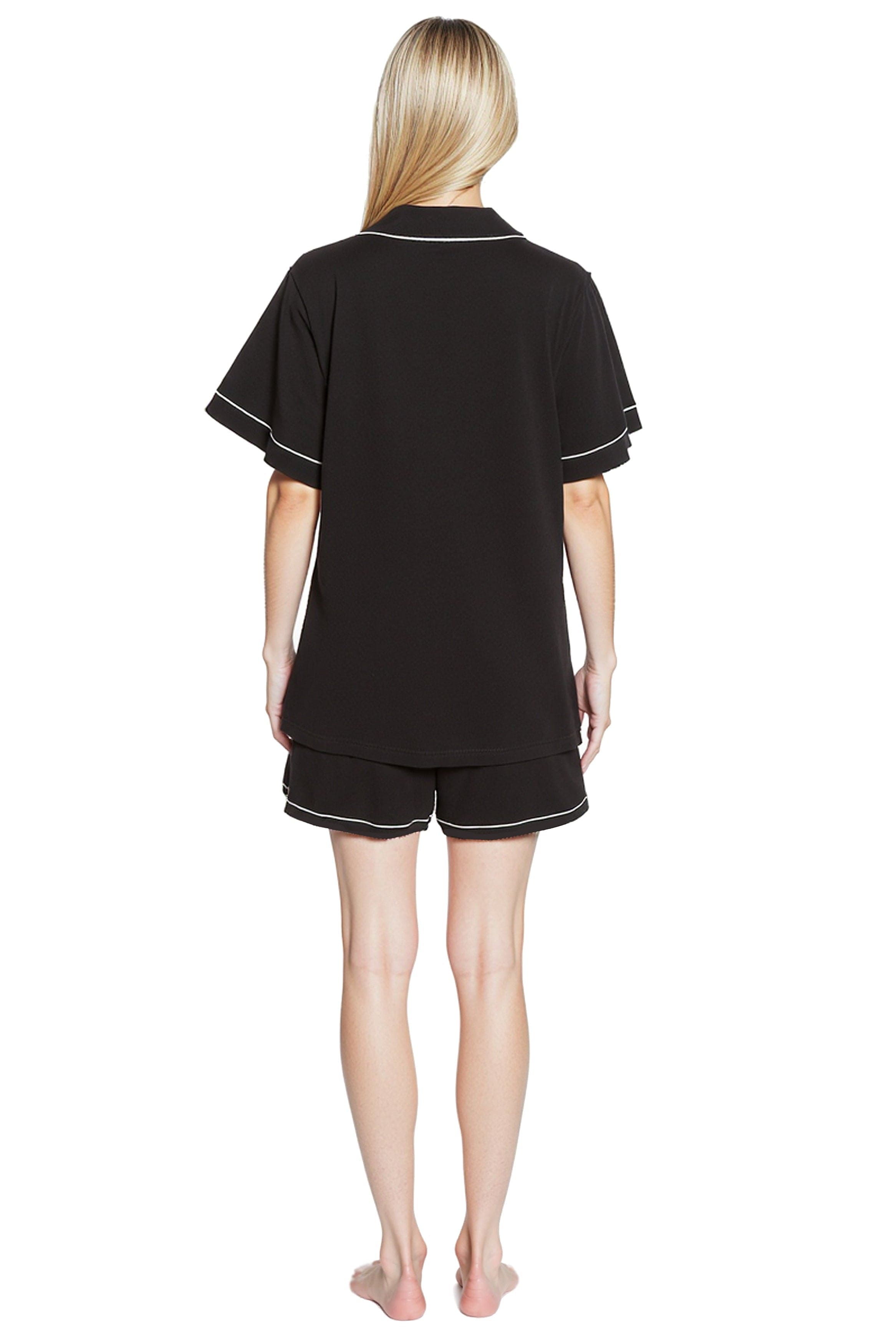 OLIVIA ROCCO Women Black Short Pyjama Set Super Soft Sleepwear With Button Up Top And Pockets Daisy Dreamer Lounge Wear Comfy
