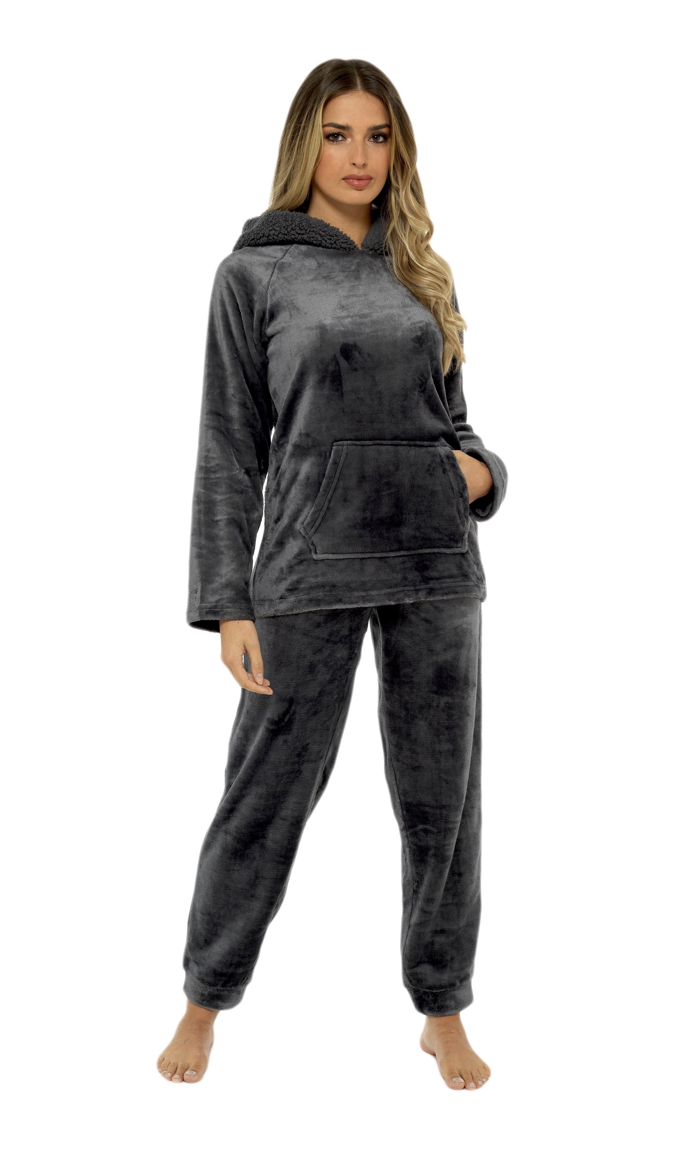 OLIVIA ROCCO Women's Charcoal Plush Fleece Hooded Pyjama Set With Sherpa Lining For Warmth And Cozy Nightwear Sizes S To XL