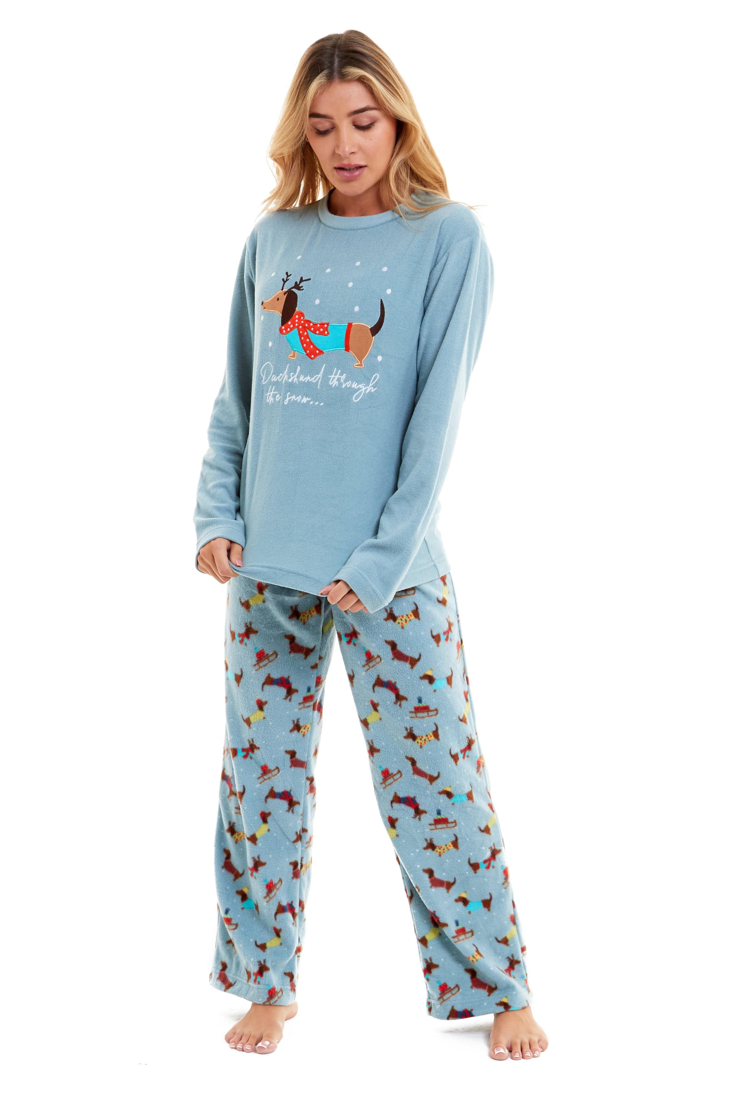 OLIVIA ROCCO Women's Dachshund Polar Fleece Pyjama Set, Cozy Winter Sleepwear, Sizes Small To XL, Daisy Dreamer Collection, Home Lounge