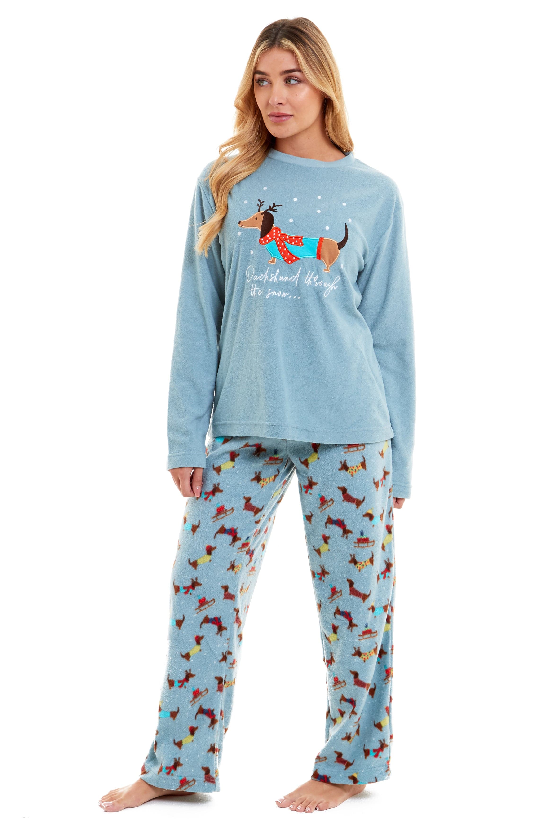 OLIVIA ROCCO Women's Dachshund Polar Fleece Pyjama Set, Cozy Winter Sleepwear, Sizes Small To XL, Daisy Dreamer Collection, Home Lounge