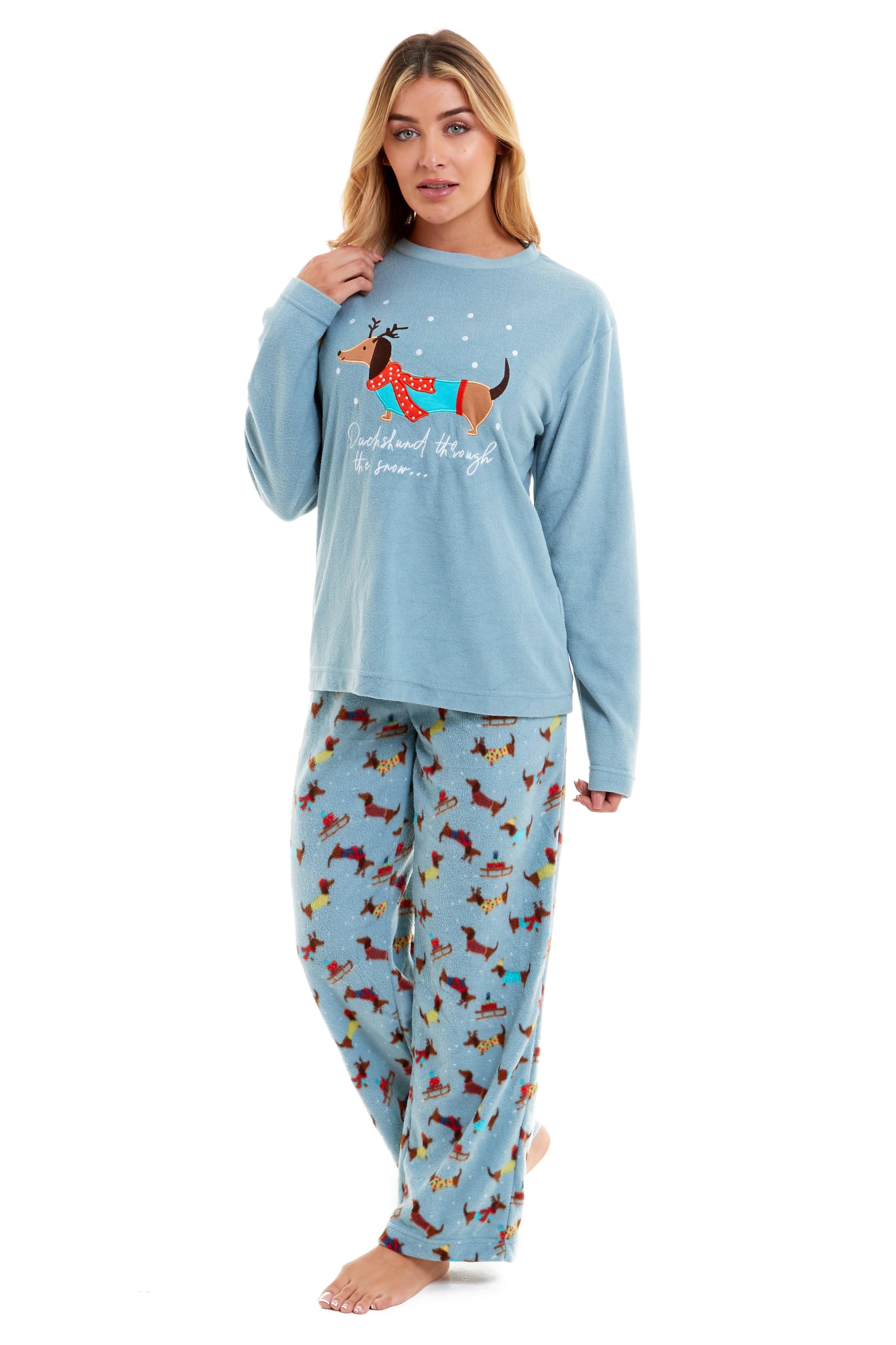 OLIVIA ROCCO Women's Dachshund Polar Fleece Pyjama Set, Cozy Winter Sleepwear, Sizes Small To XL, Daisy Dreamer Collection, Home Lounge