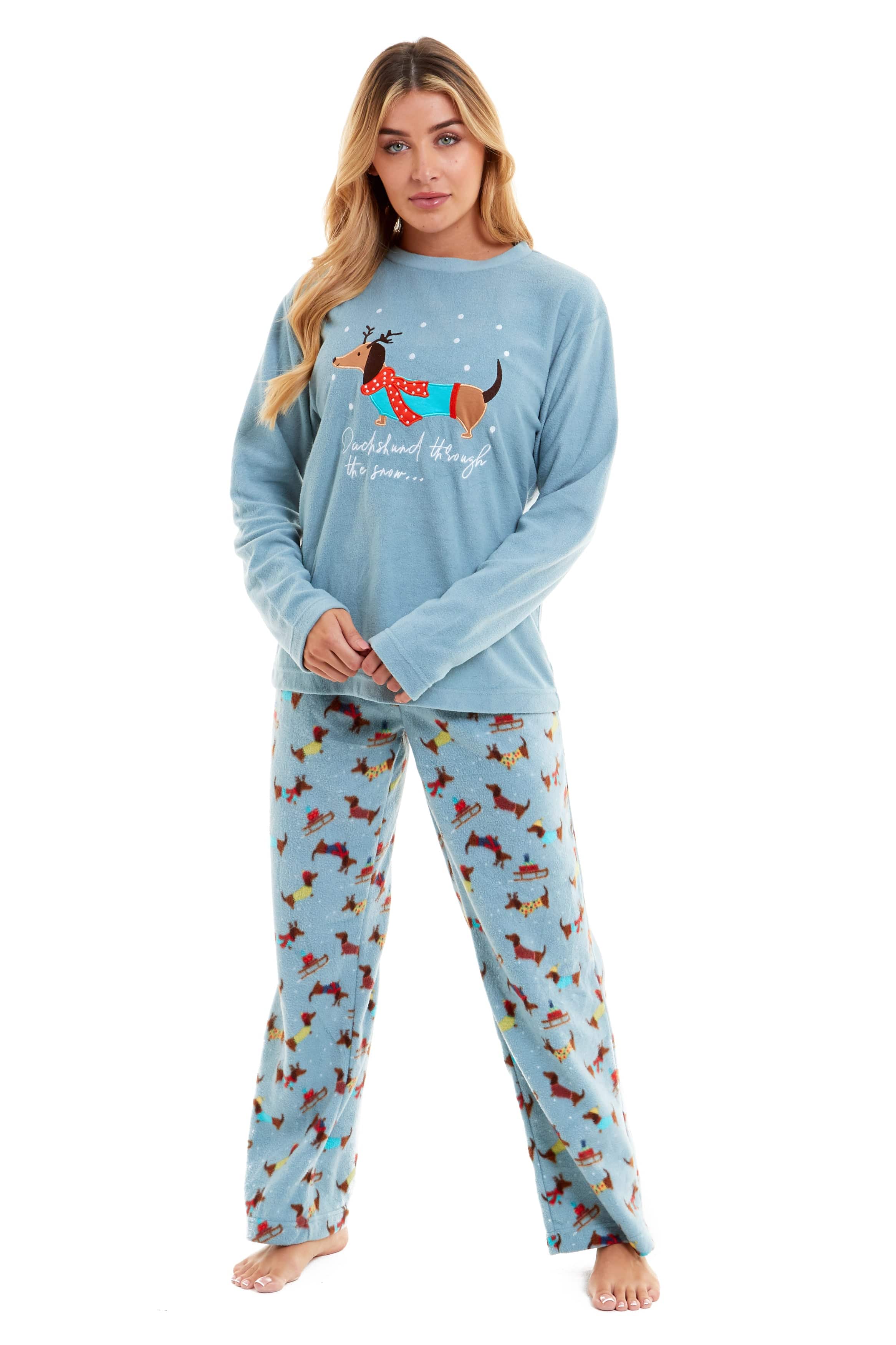 OLIVIA ROCCO Women's Dachshund Polar Fleece Pyjama Set, Cozy Winter Sleepwear, Sizes Small To XL, Daisy Dreamer Collection, Home Lounge