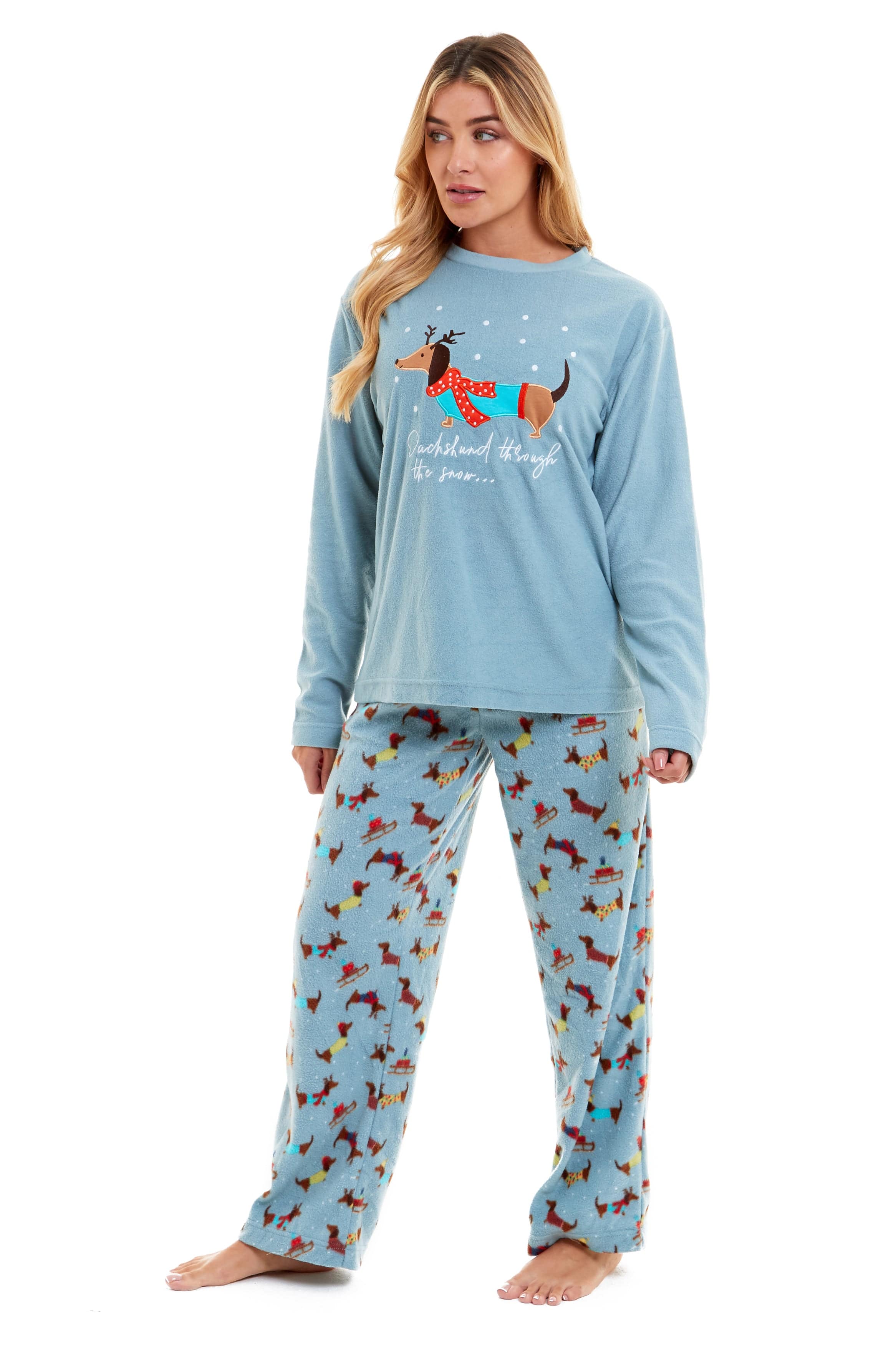 OLIVIA ROCCO Women's Dachshund Polar Fleece Pyjama Set, Cozy Winter Sleepwear, Sizes Small To XL, Daisy Dreamer Collection, Home Lounge
