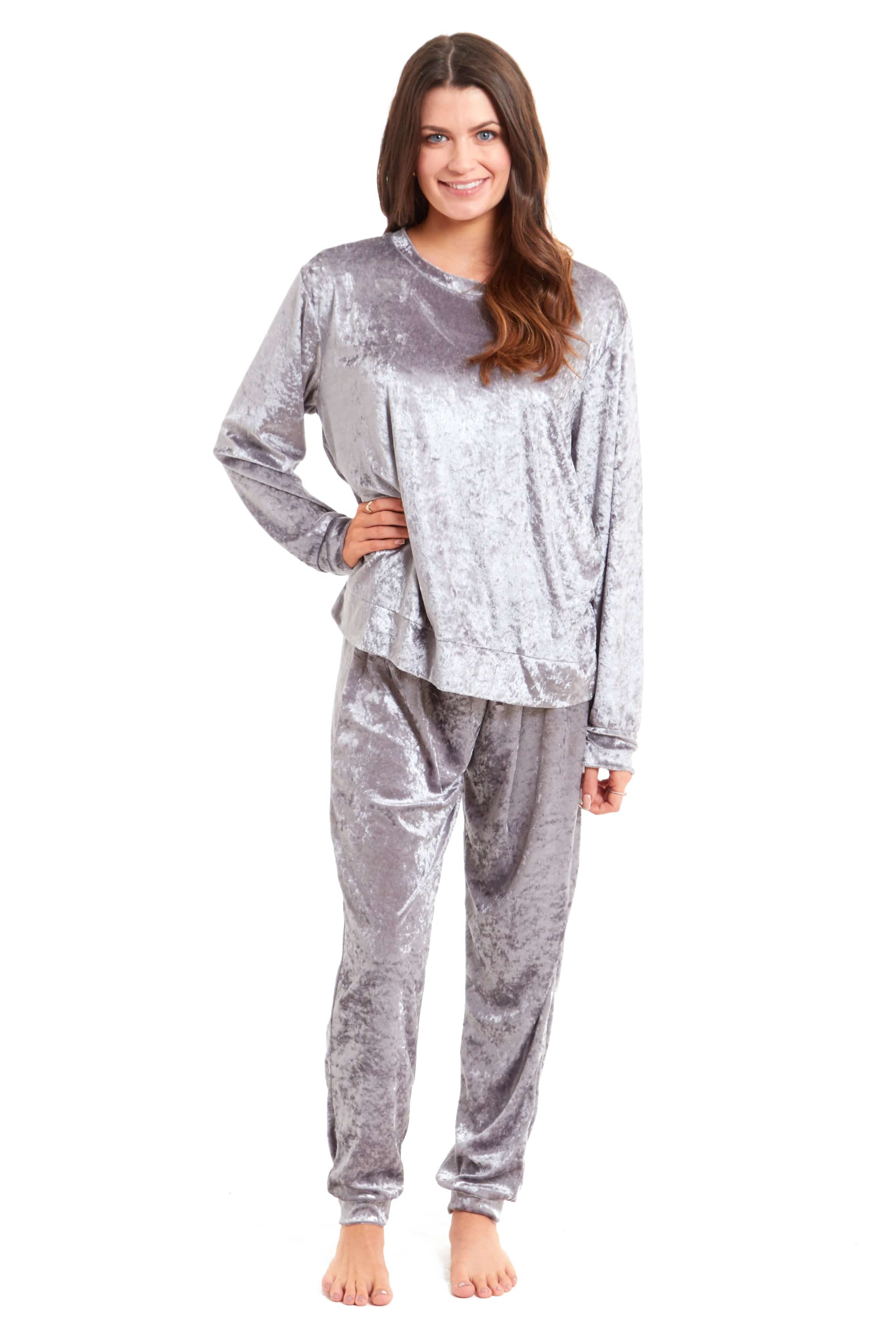 OLIVIA ROCCO Women's Crushed Velvet Pyjama Set Top And Pants Soft Loungewear In Multiple Sizes And Elegant Colours For Comfort