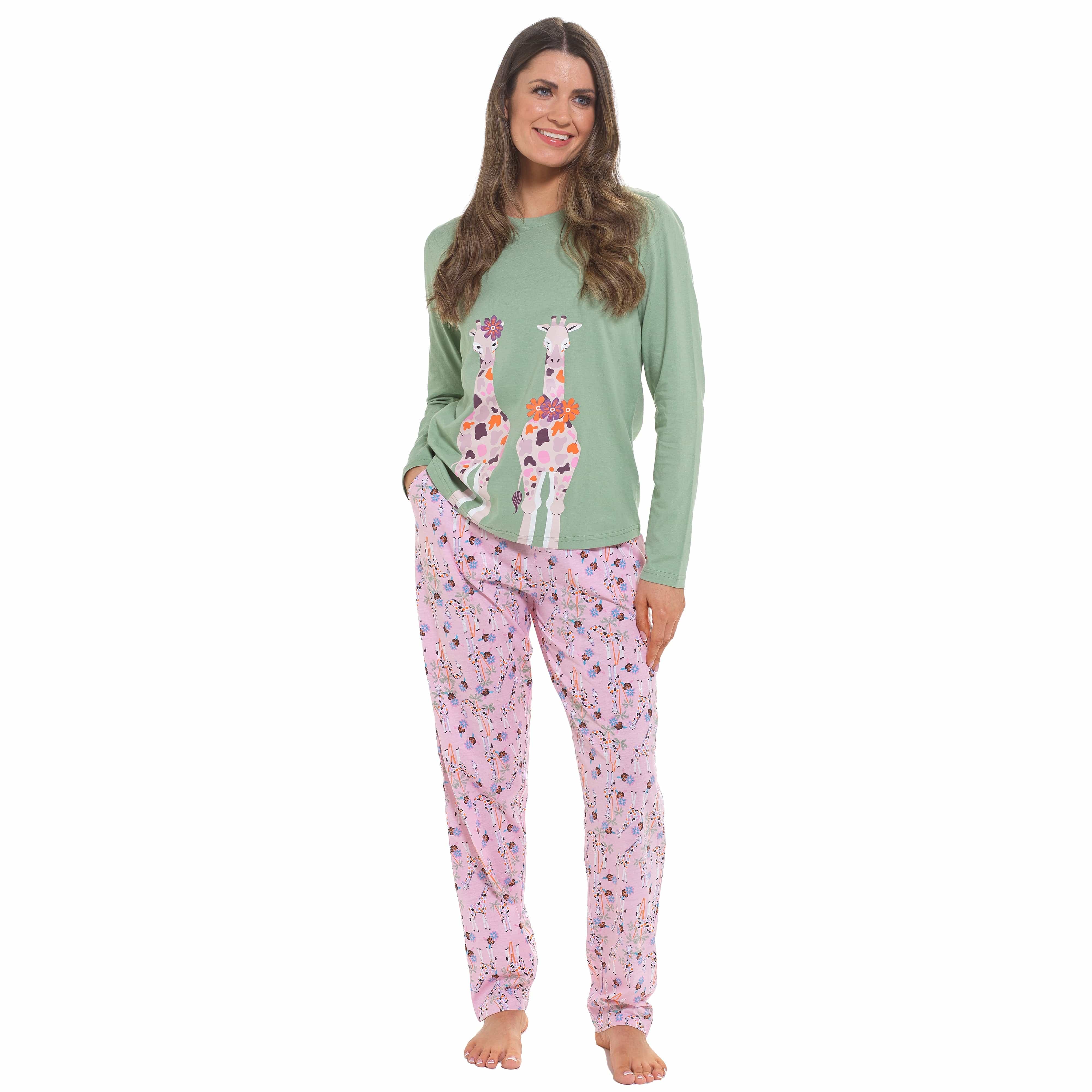 OLIVIA ROCCO Women's Giraffe Print Cotton Jersey Long Sleeve Pyjama Set Soft Sleepwear Loungewear For Summer Holidays