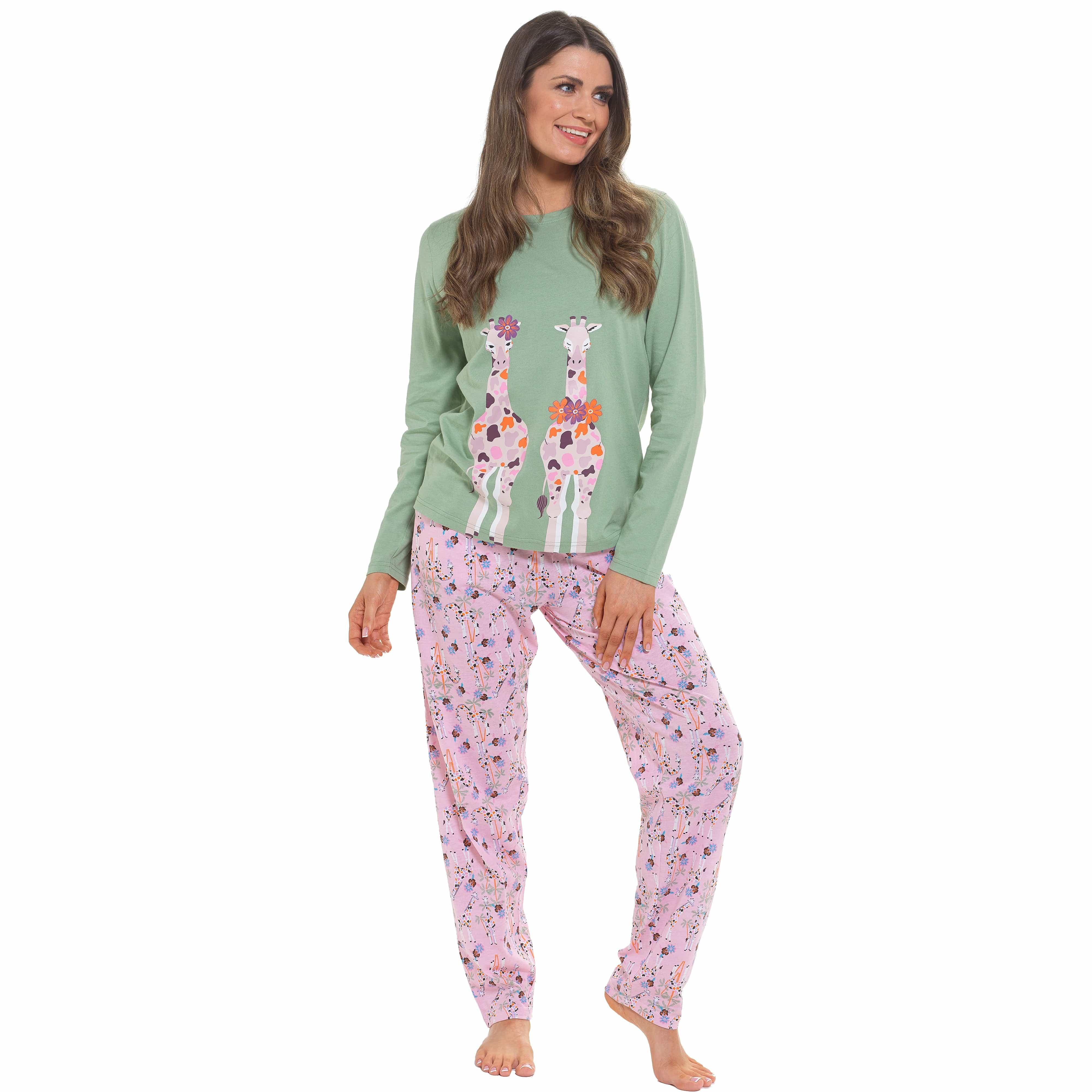 OLIVIA ROCCO Women's Giraffe Print Cotton Jersey Long Sleeve Pyjama Set Soft Sleepwear Loungewear For Summer Holidays