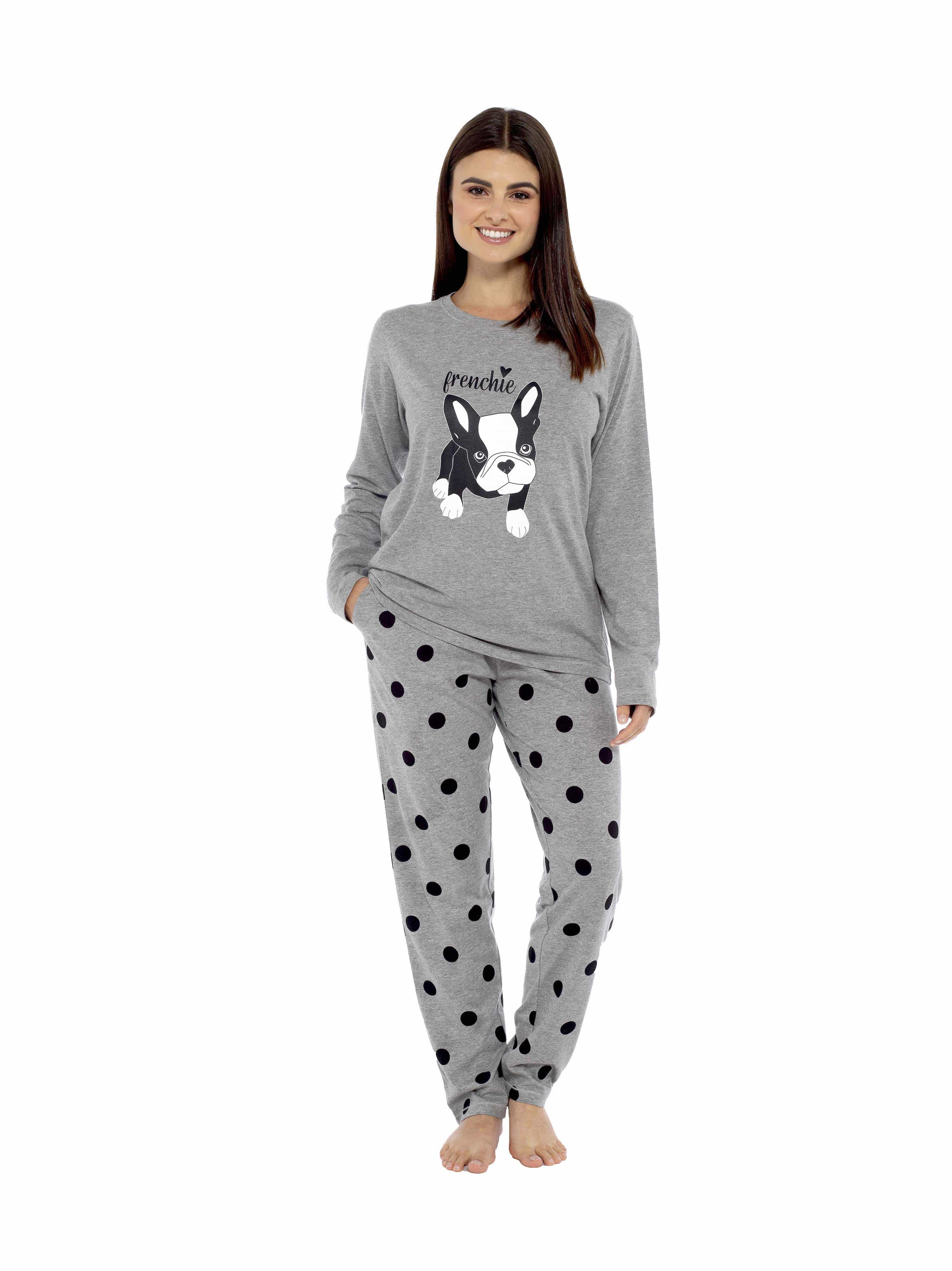 OLIVIA ROCCO Women's Grey Cotton Pyjama Set With Polka Dot Pants And Frenchie Pugs Print, Long Sleeve Top, Breathable Hypoallergenic Loungewear