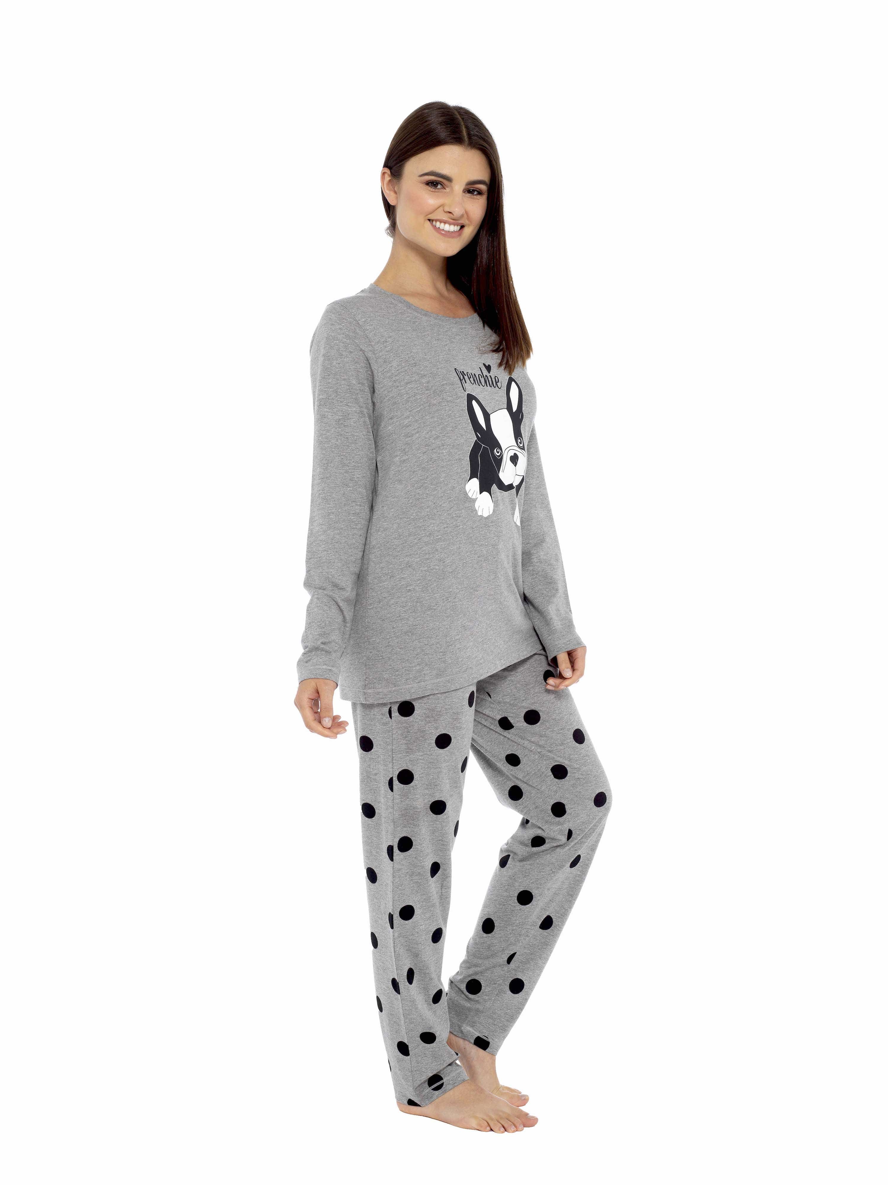 OLIVIA ROCCO Women's Grey Cotton Pyjama Set With Polka Dot Pants And Frenchie Pugs Print, Long Sleeve Top, Breathable Hypoallergenic Loungewear