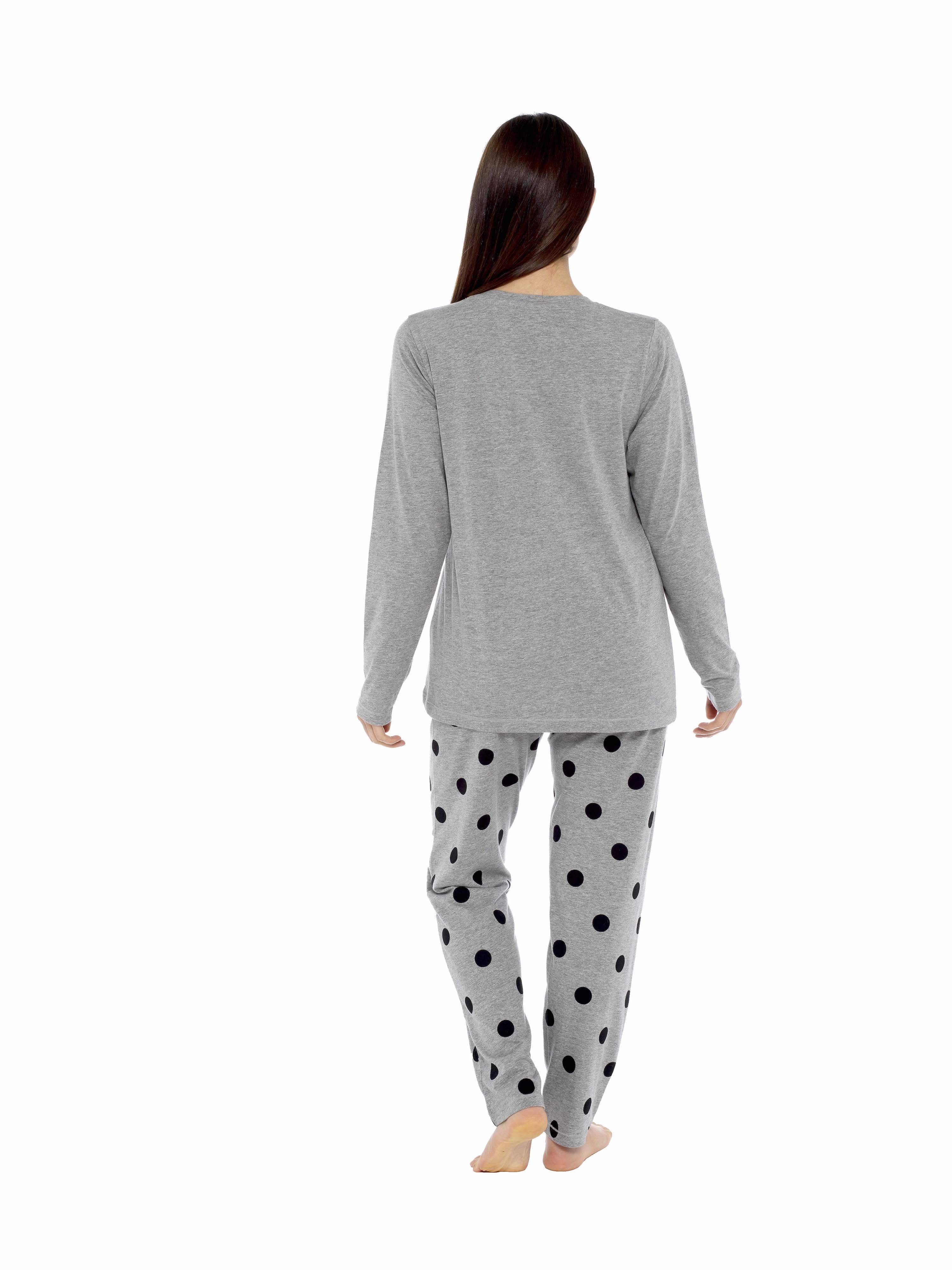 OLIVIA ROCCO Women's Grey Cotton Pyjama Set With Polka Dot Pants And Frenchie Pugs Print, Long Sleeve Top, Breathable Hypoallergenic Loungewear
