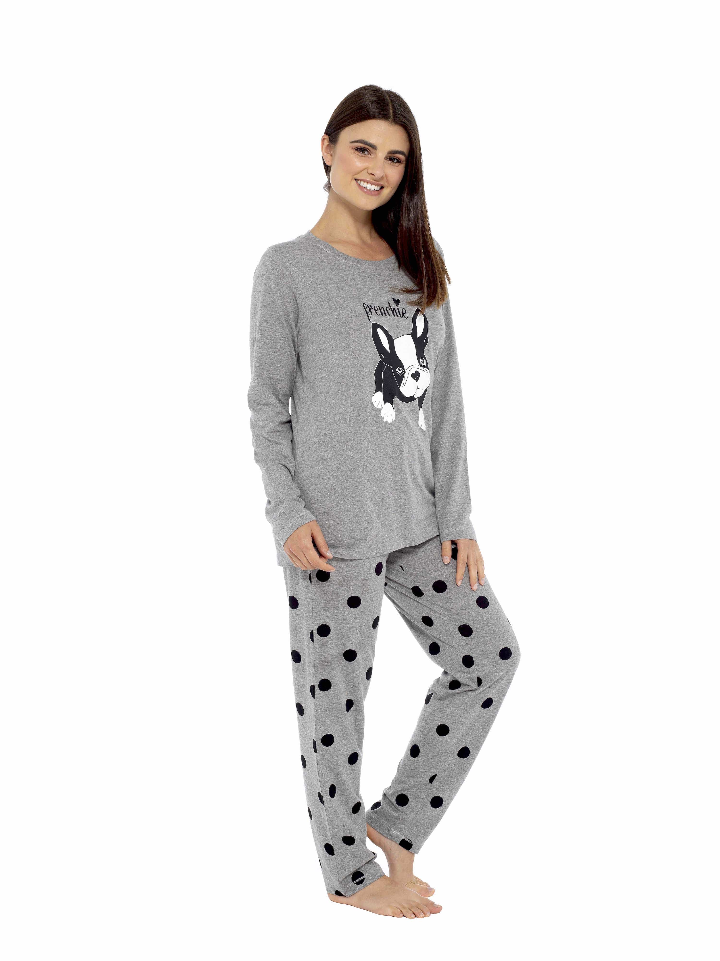 OLIVIA ROCCO Women's Grey Cotton Pyjama Set With Polka Dot Pants And Frenchie Pugs Print, Long Sleeve Top, Breathable Hypoallergenic Loungewear