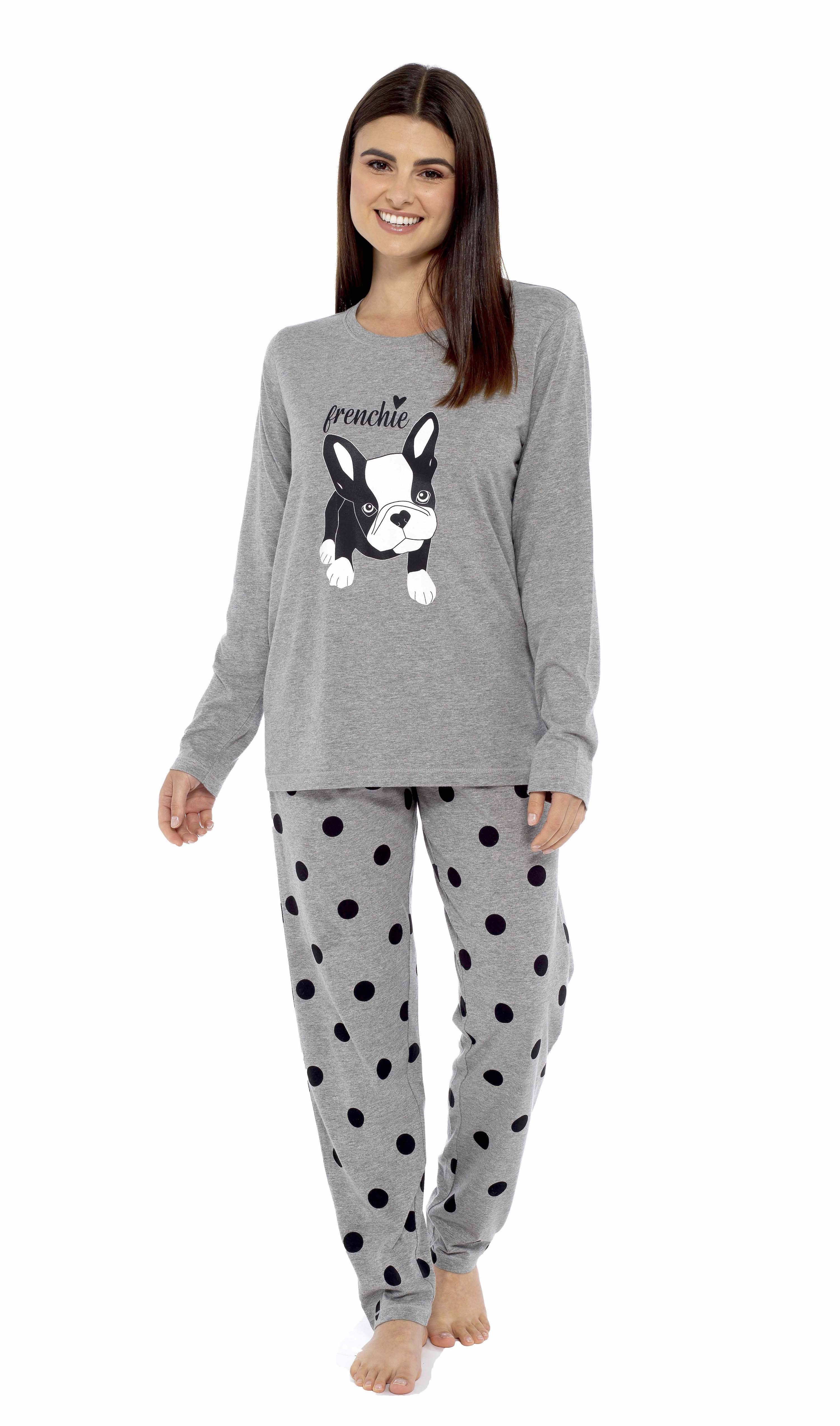 OLIVIA ROCCO Women's Grey Cotton Pyjama Set With Polka Dot Pants And Frenchie Pugs Print, Long Sleeve Top, Breathable Hypoallergenic Loungewear