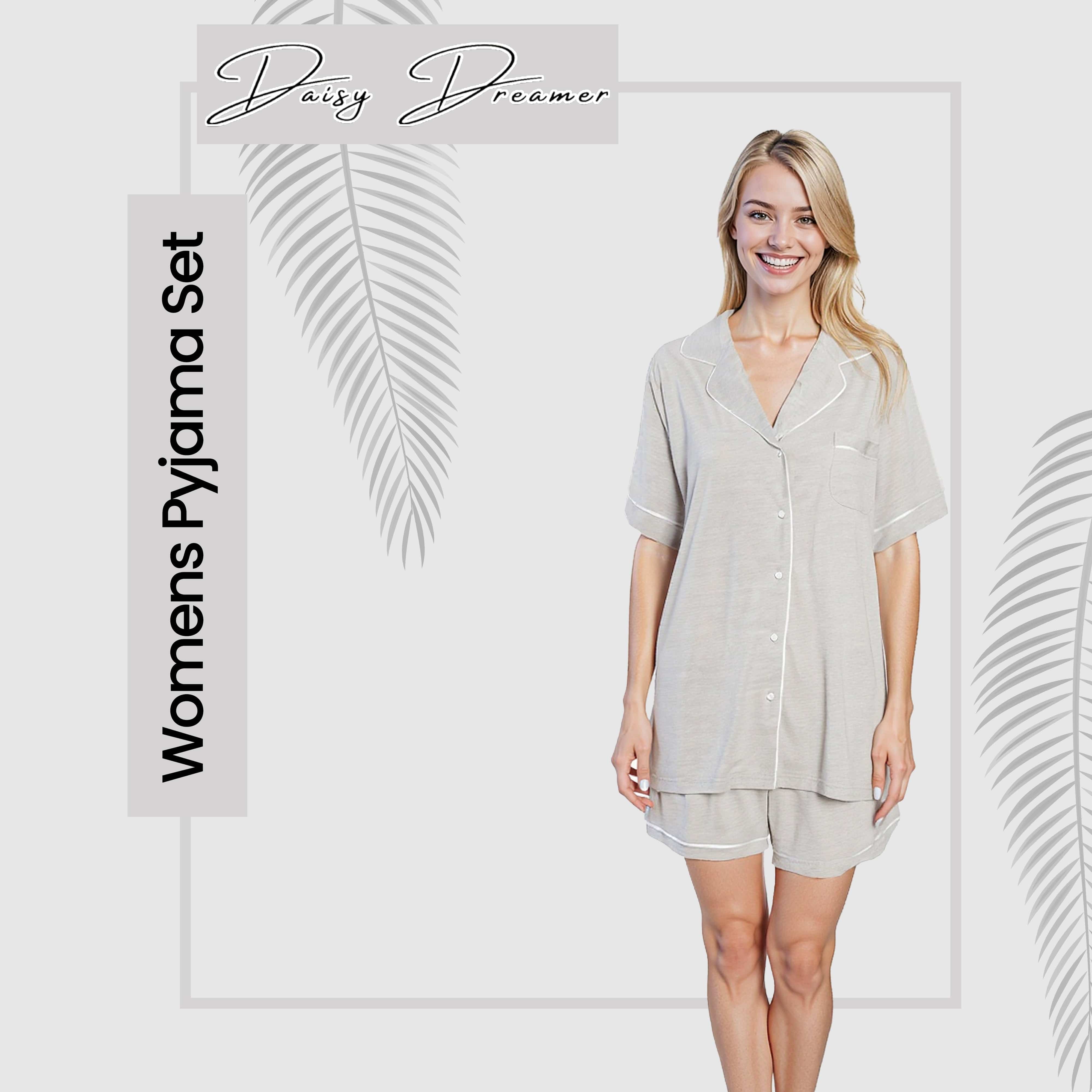 OLIVIA ROCCO Womens Grey Short Pyjama Set Button Up Top and Shorts with Pockets Super Soft Sleepwear Daisy Dreamer Collection