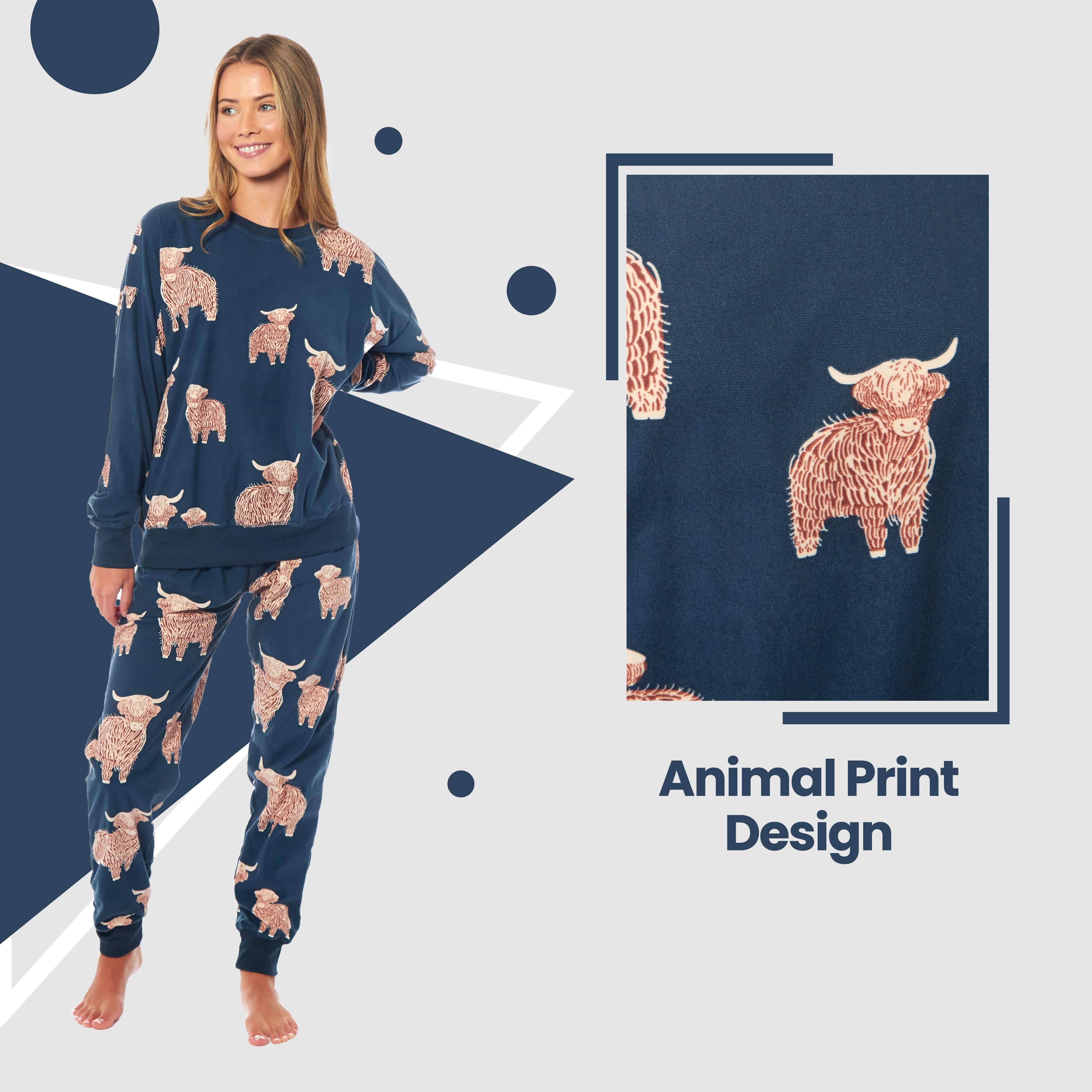 OLIVIA ROCCO Women's Fleece Pyjama Set Highland Cow Print Long Sleeve Soft Warm Sleepwear Loungewear By Daisy Dreamer For Ladies