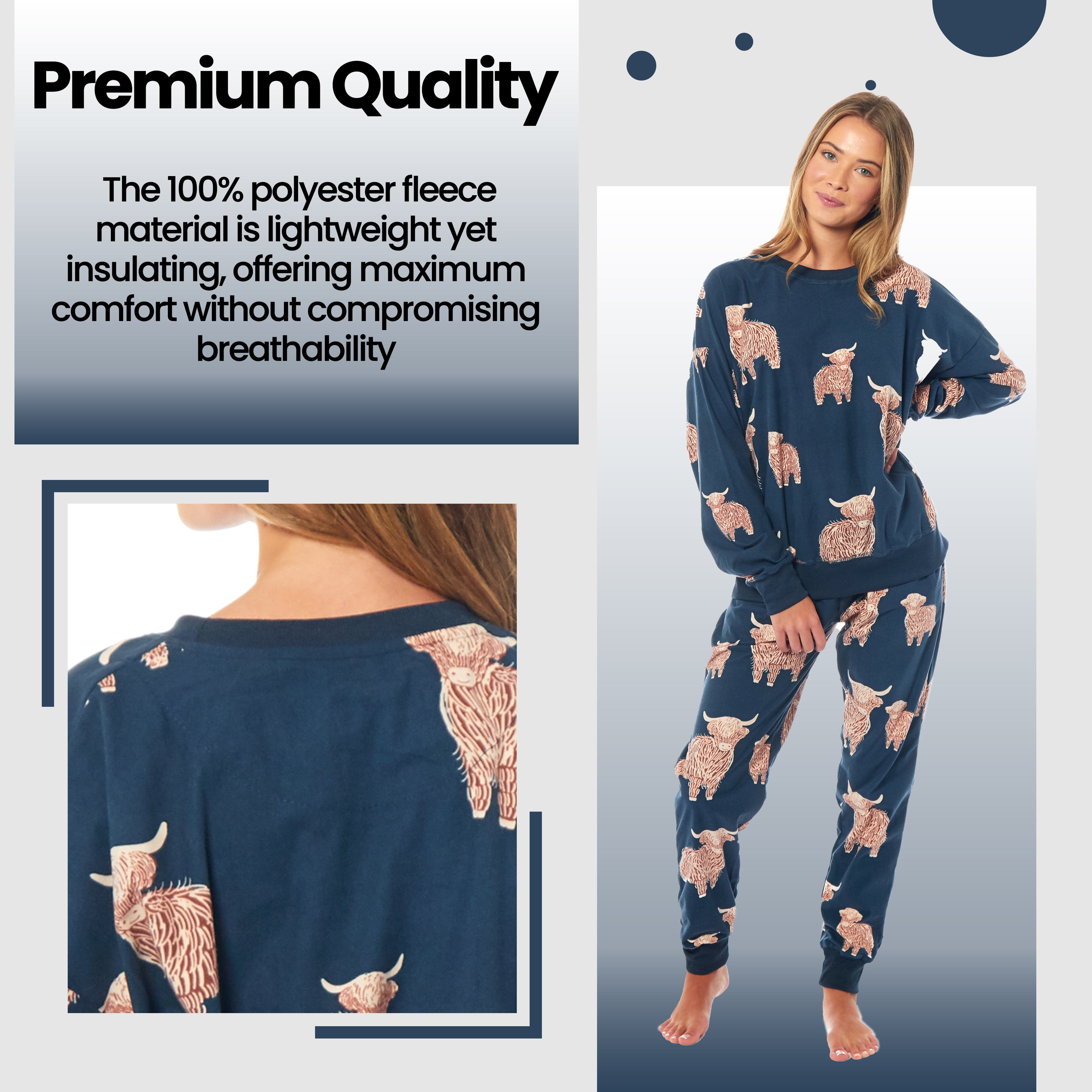 OLIVIA ROCCO Women's Fleece Pyjama Set Highland Cow Print Long Sleeve Soft Warm Sleepwear Loungewear By Daisy Dreamer For Ladies