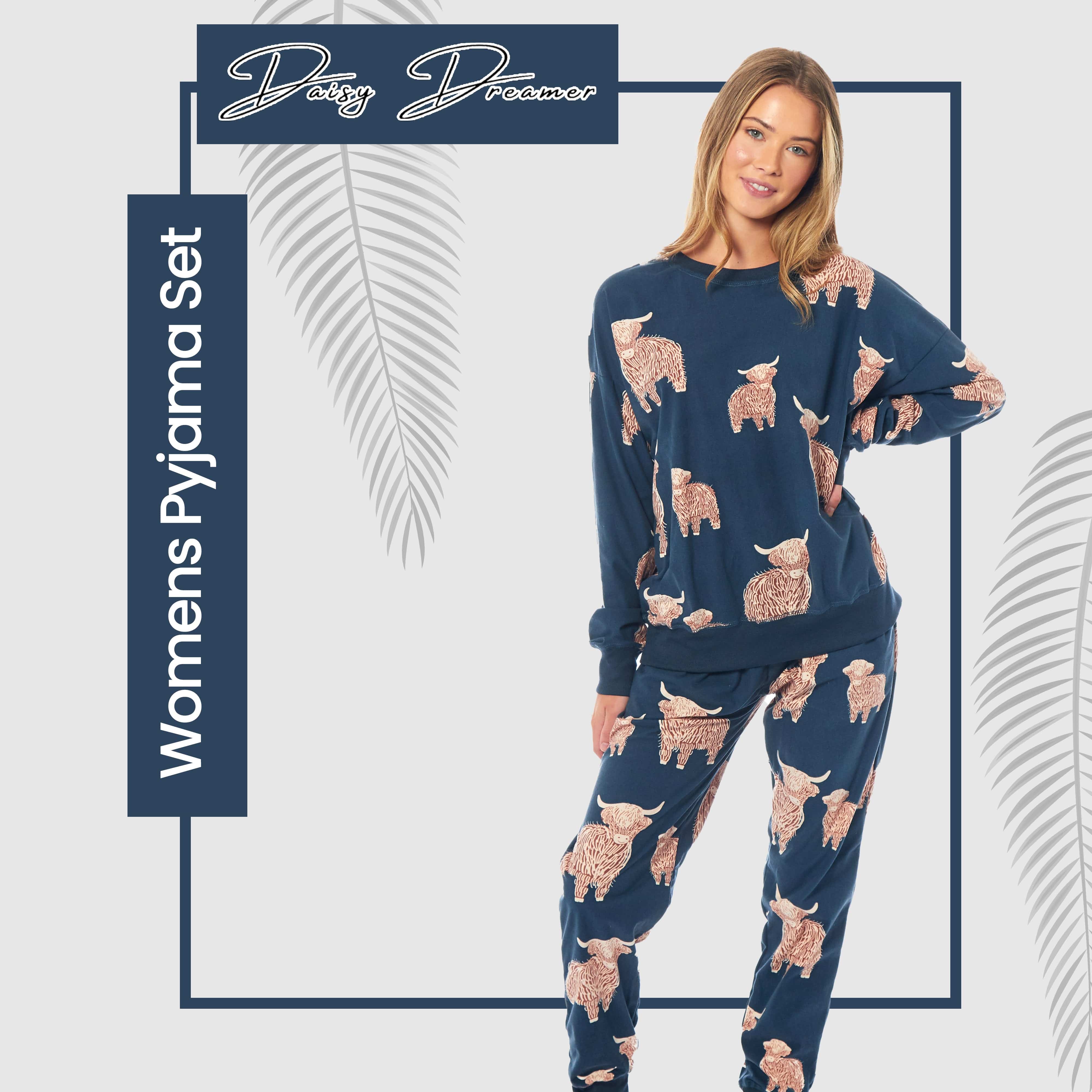 OLIVIA ROCCO Women's Fleece Pyjama Set Highland Cow Print Long Sleeve Soft Warm Sleepwear Loungewear By Daisy Dreamer For Ladies