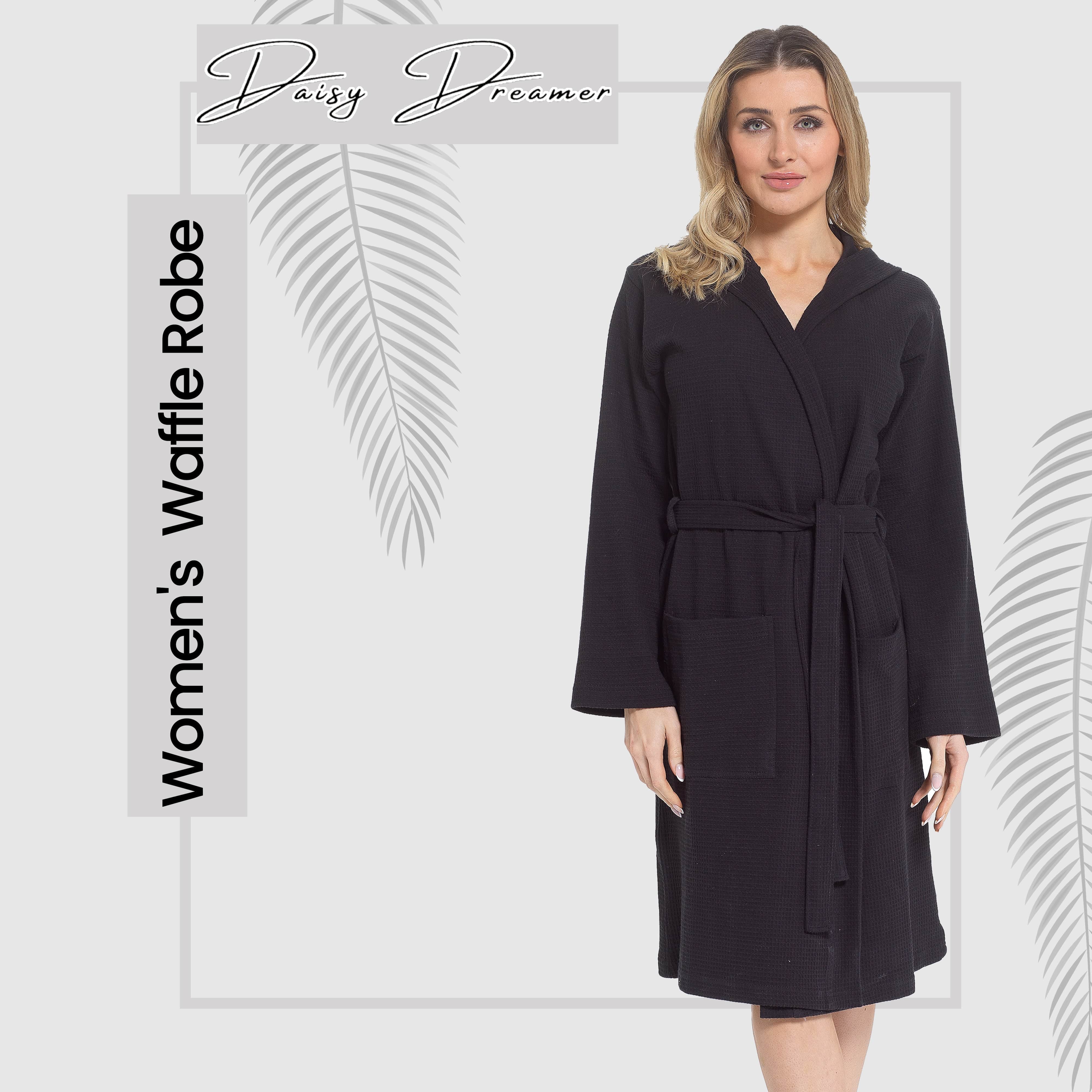 OLIVIA ROCCO Women's Hooded Waffle Cotton Bathrobe Black 100 Percent Cotton Absorbent Spa Dressing Gown For Home Travel