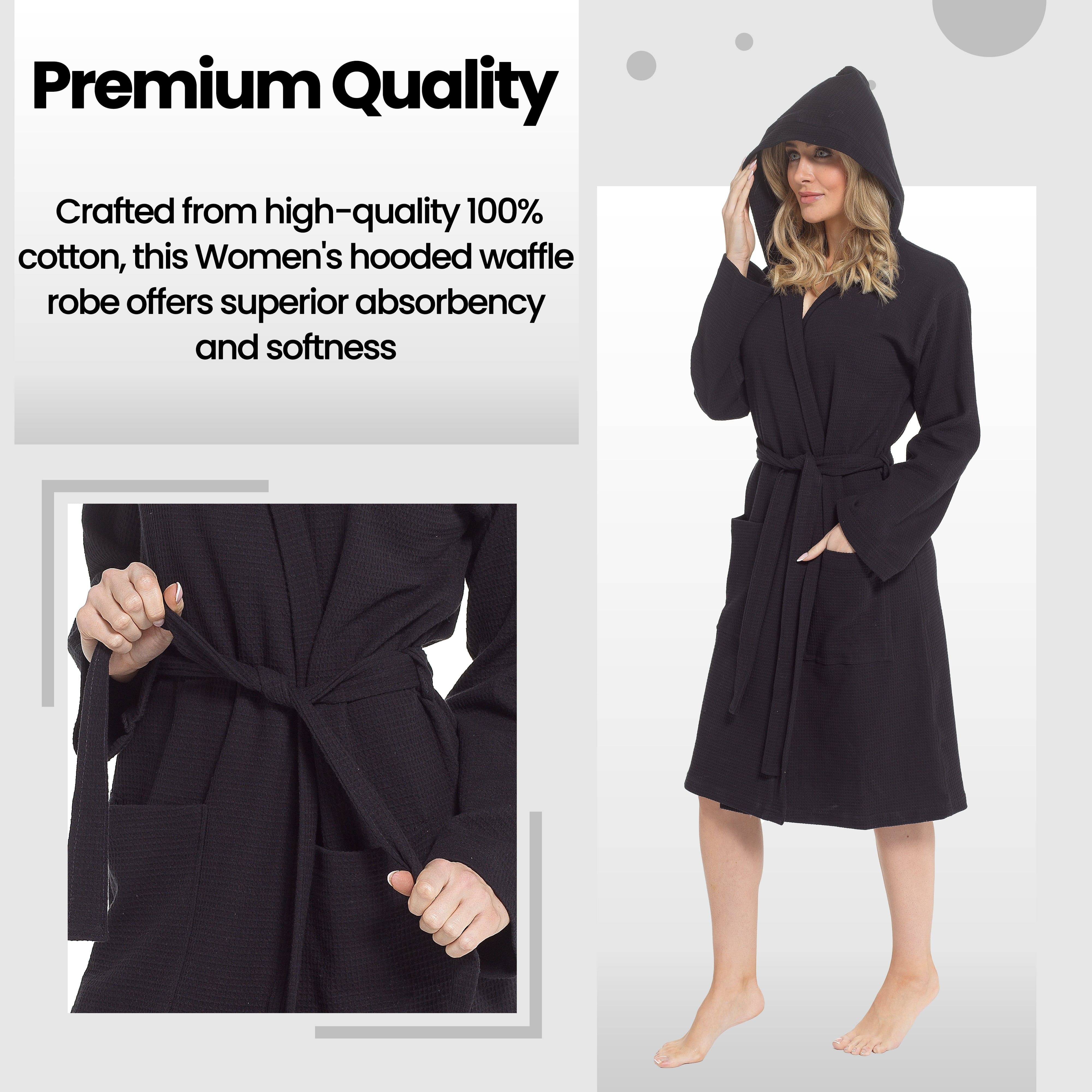 OLIVIA ROCCO Women's Hooded Waffle Cotton Bathrobe Black 100 Percent Cotton Absorbent Spa Dressing Gown For Home Travel