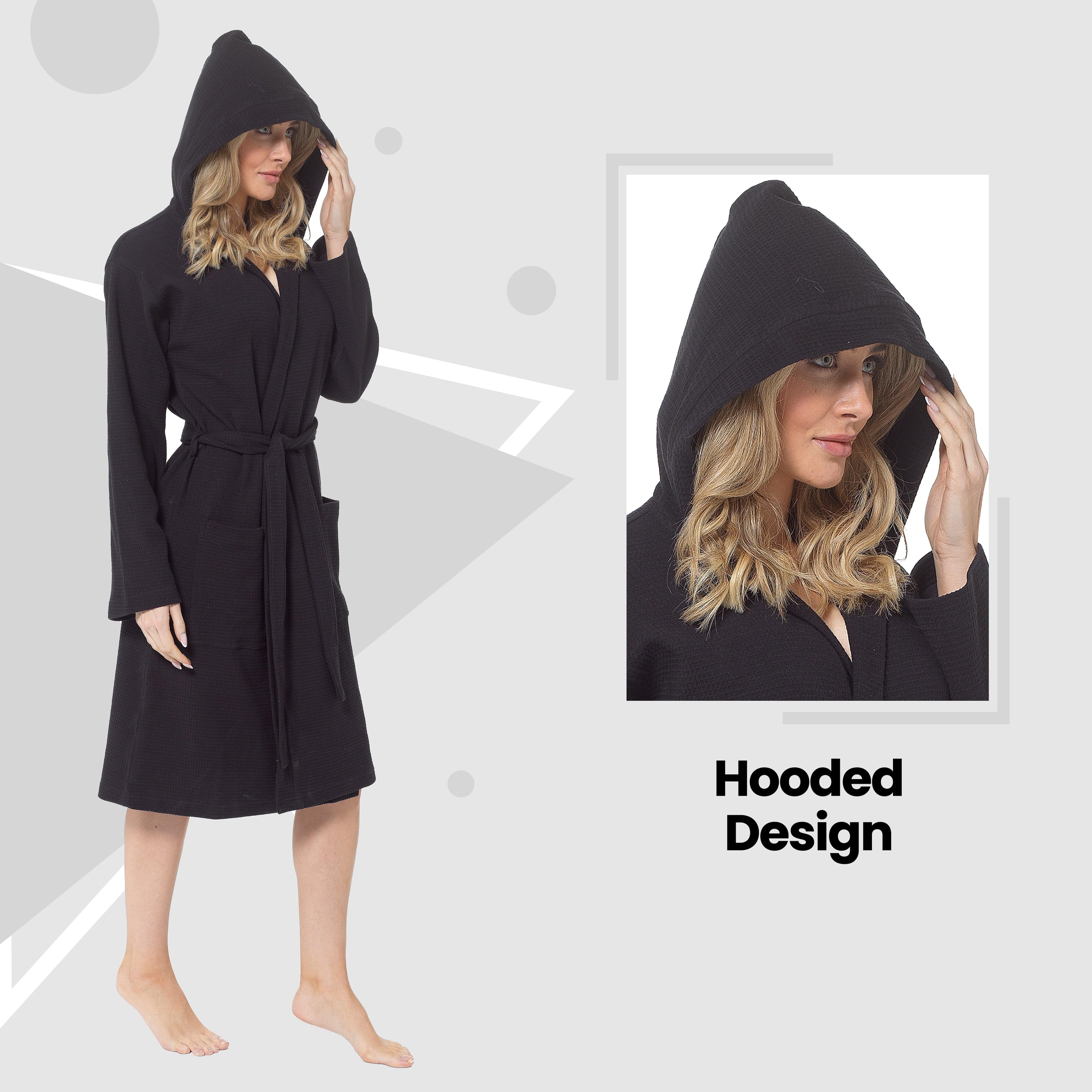 OLIVIA ROCCO Women's Hooded Waffle Cotton Bathrobe Black 100 Percent Cotton Absorbent Spa Dressing Gown For Home Travel