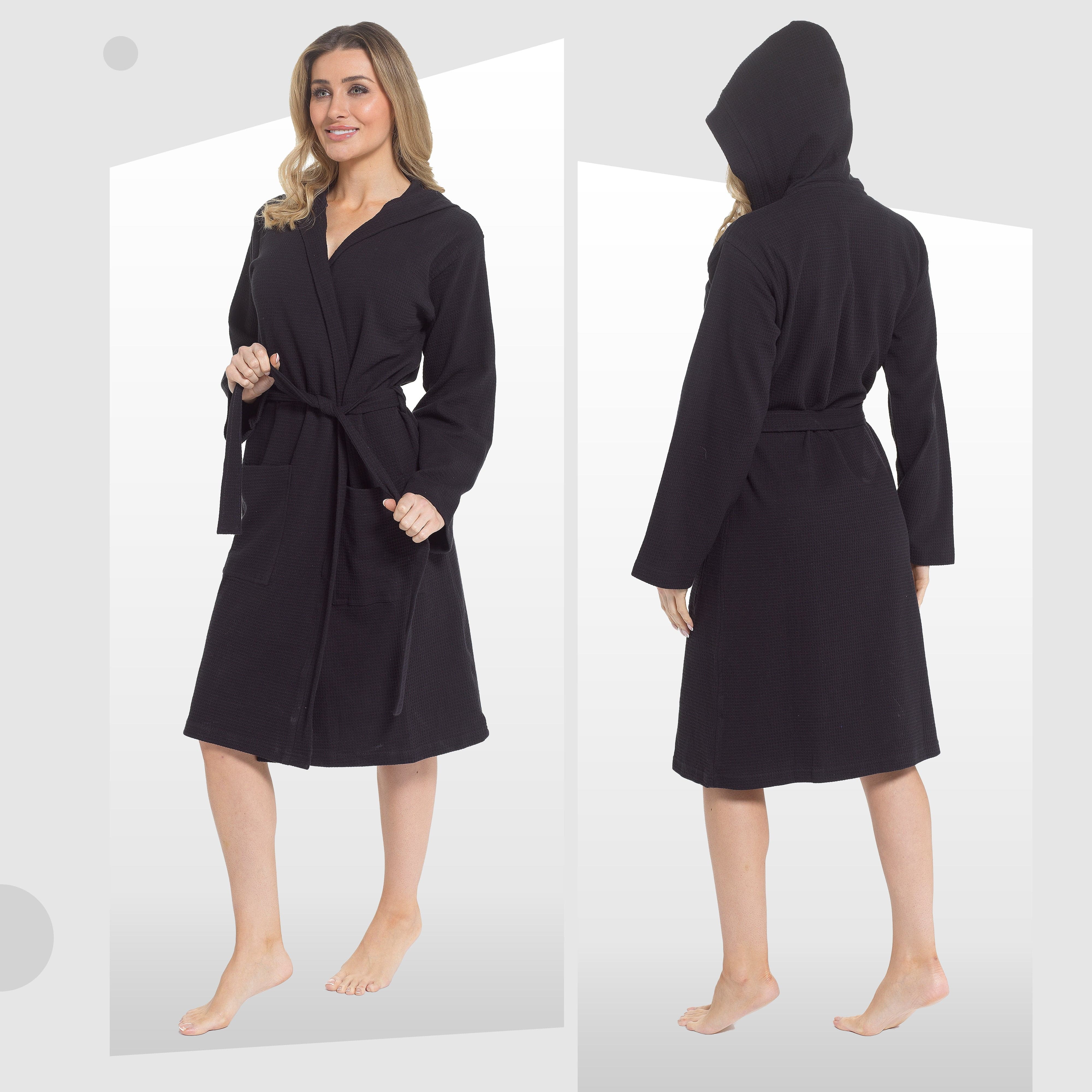 OLIVIA ROCCO Women's Hooded Waffle Cotton Bathrobe Black 100 Percent Cotton Absorbent Spa Dressing Gown For Home Travel