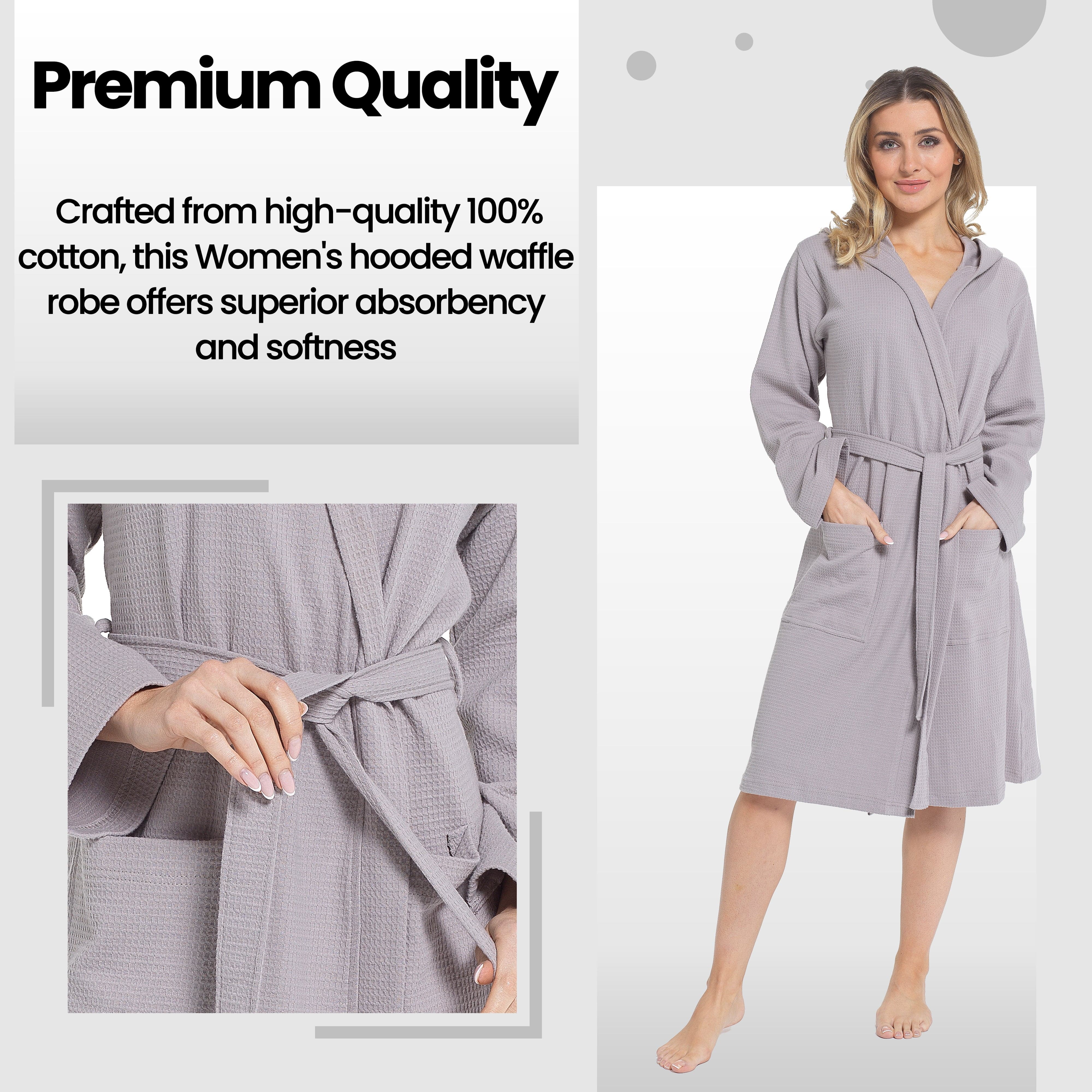 OLIVIA ROCCO Women's Hooded Waffle Cotton Bathrobe Grey 100 Percent Cotton Super Absorbent Spa Dressing Gown for Home Travel Everyday