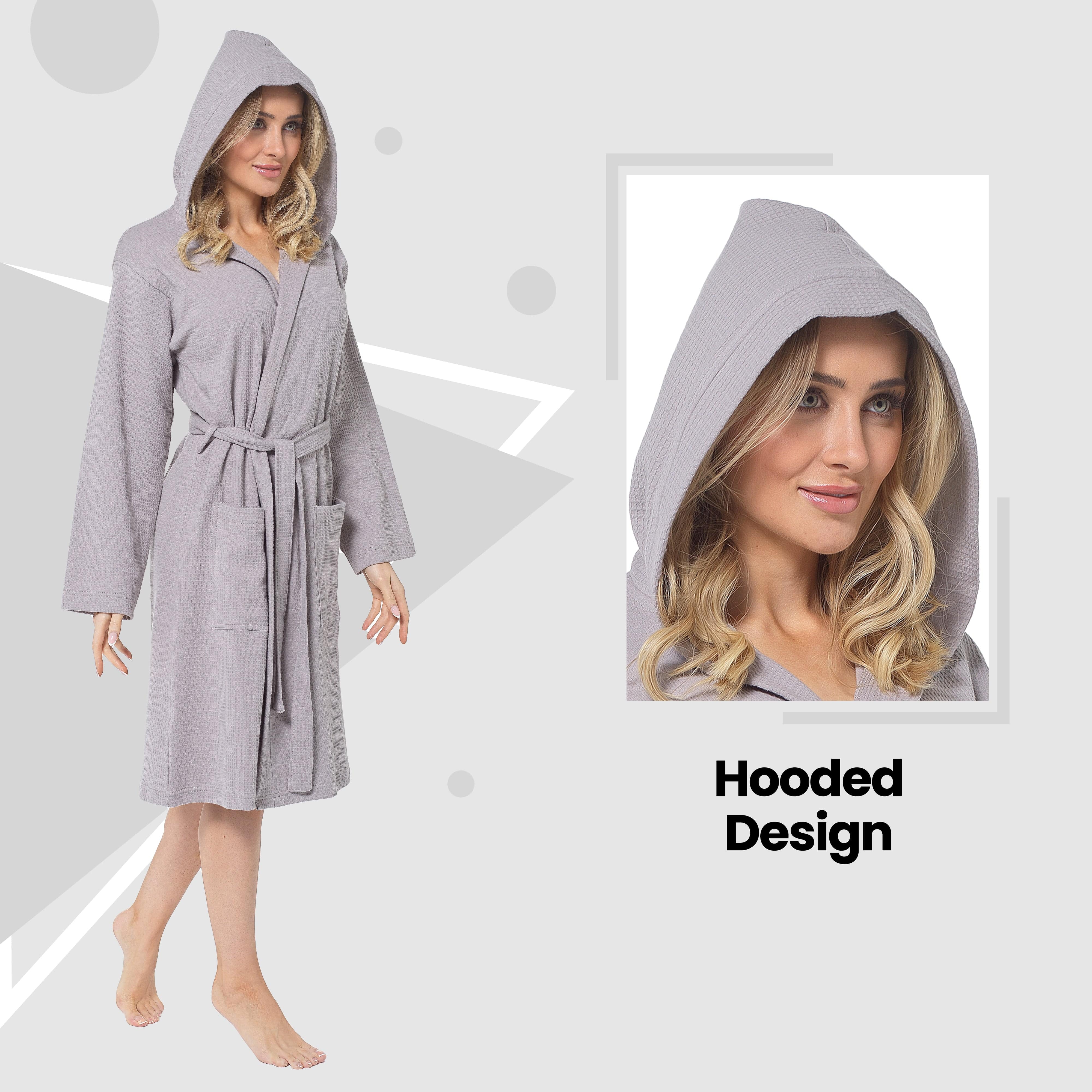 OLIVIA ROCCO Women's Hooded Waffle Cotton Bathrobe Grey 100 Percent Cotton Super Absorbent Spa Dressing Gown for Home Travel Everyday