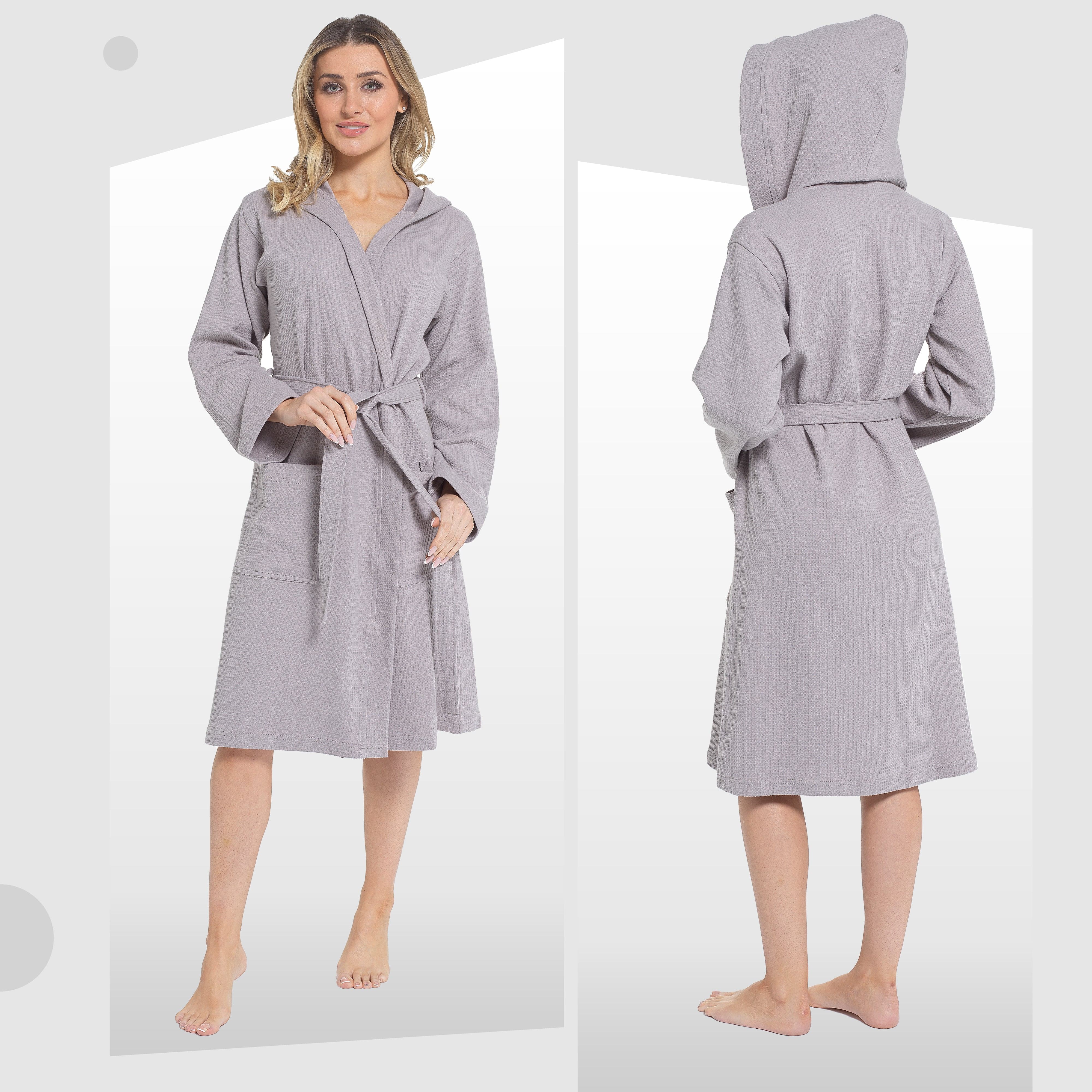 OLIVIA ROCCO Women's Hooded Waffle Cotton Bathrobe Grey 100 Percent Cotton Super Absorbent Spa Dressing Gown for Home Travel Everyday