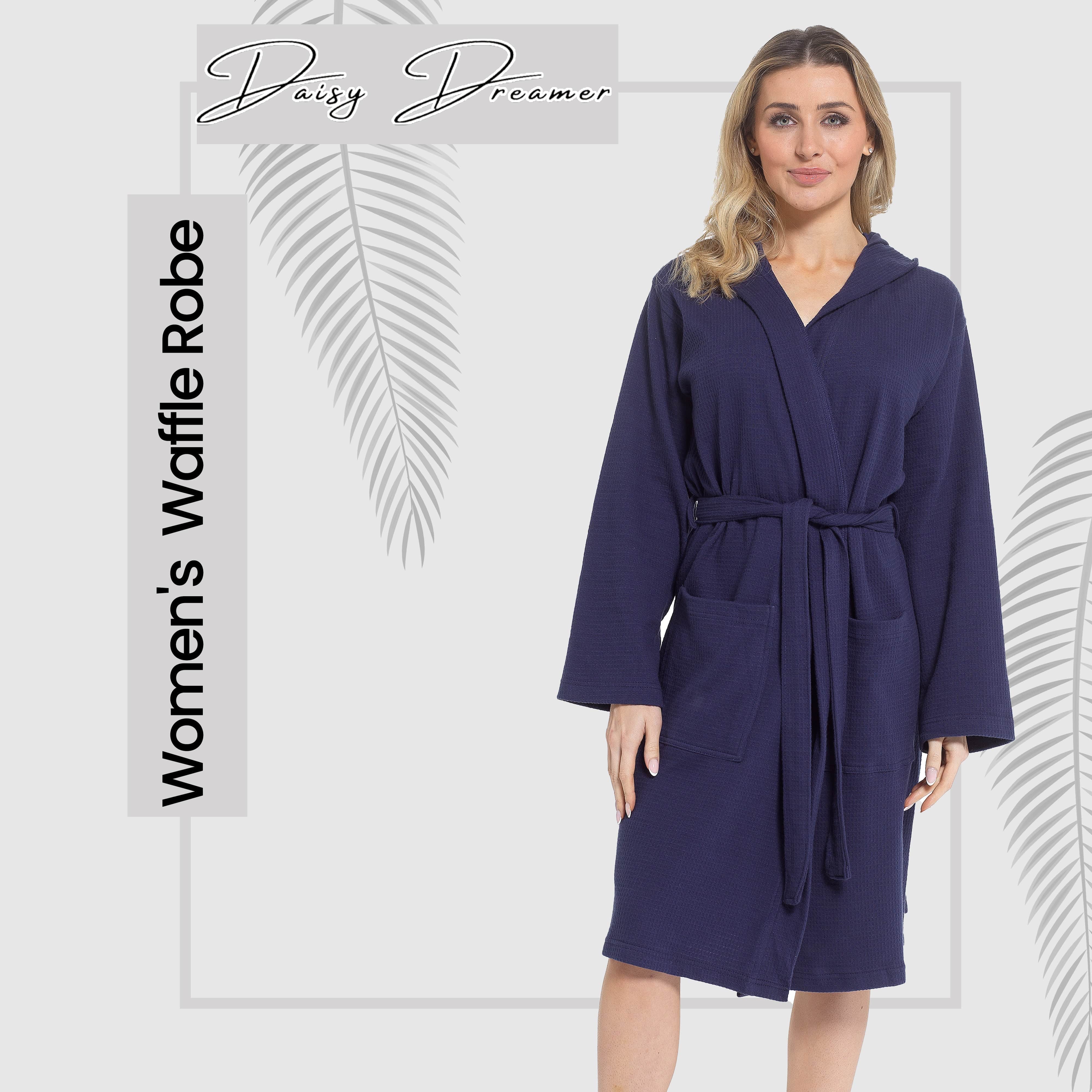 OLIVIA ROCCO Women's Hooded Waffle Cotton Bathrobe Navy 100 Percent Cotton Super Absorbent Spa Dressing Gown for Home Lounge Travel