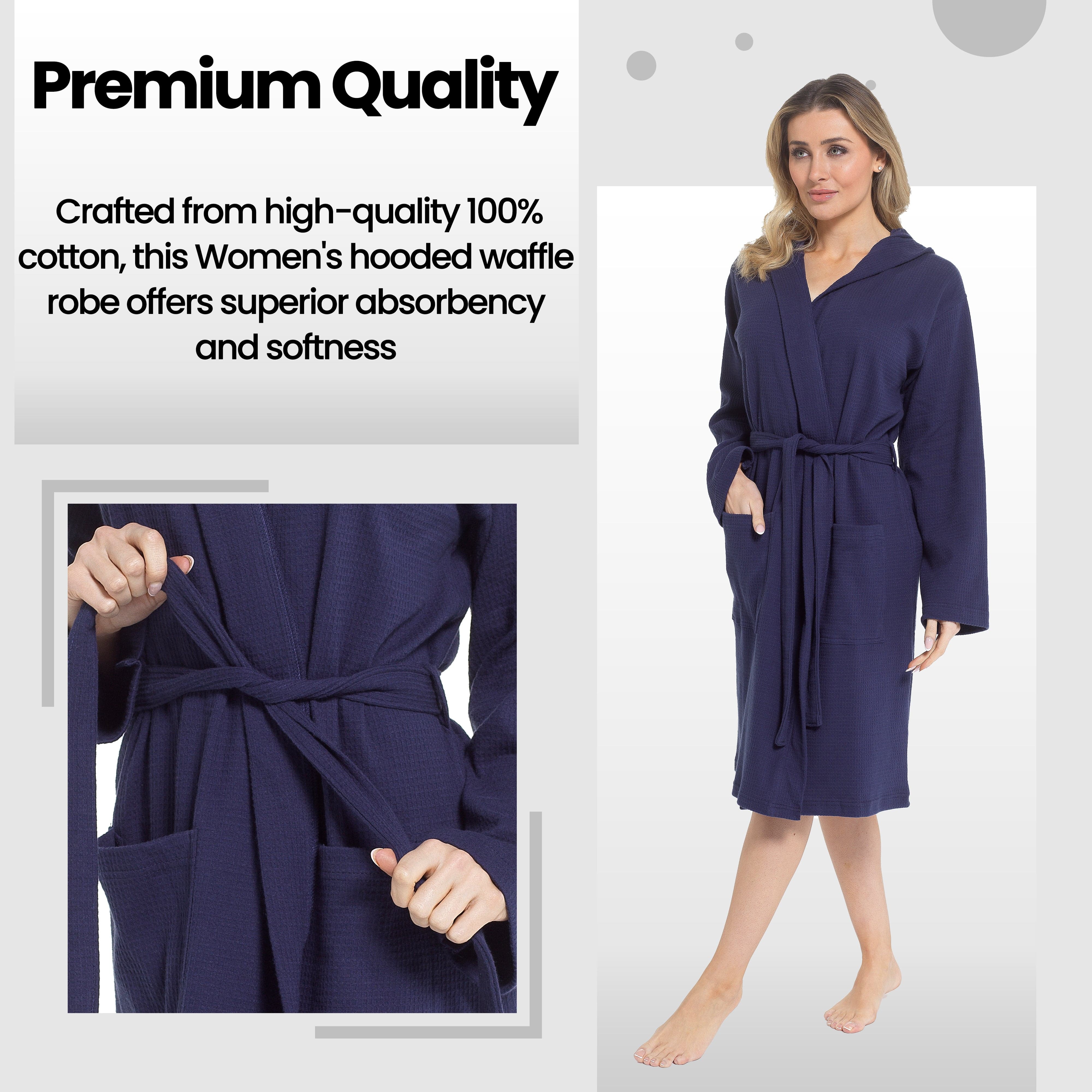 OLIVIA ROCCO Women's Hooded Waffle Cotton Bathrobe Navy 100 Percent Cotton Super Absorbent Spa Dressing Gown for Home Lounge Travel