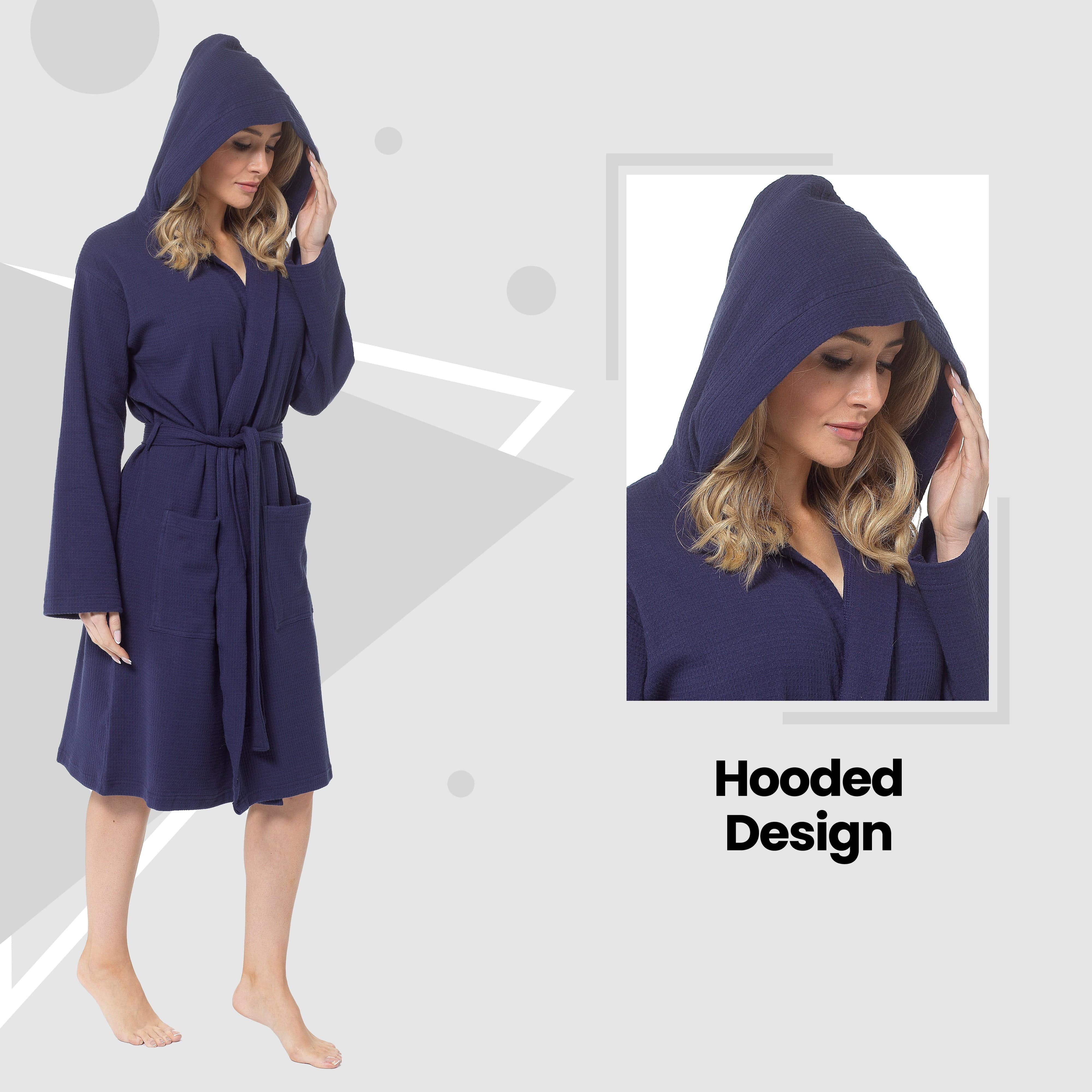 OLIVIA ROCCO Women's Hooded Waffle Cotton Bathrobe Navy 100 Percent Cotton Super Absorbent Spa Dressing Gown for Home Lounge Travel