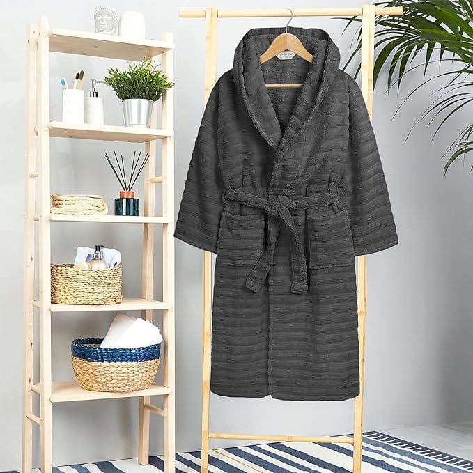 OLIVIA ROCCO Hydro Ribbed Ultra Soft 100 Percent Cotton Hooded Bath Robe With Pockets And Belt White And Grey Luxury Terry Towelling Loungewear