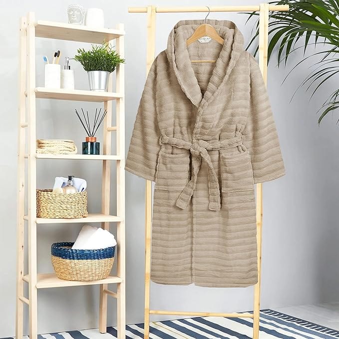 OLIVIA ROCCO Hydro Ribbed Ultra Soft 100 Percent Cotton Hooded Bath Robe With Pockets And Belt White And Grey Luxury Terry Towelling Loungewear