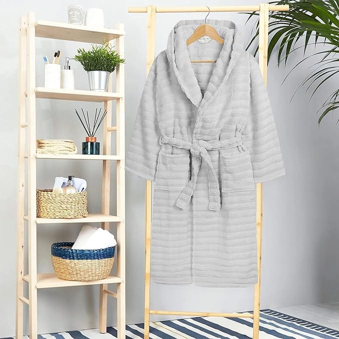 OLIVIA ROCCO Hydro Ribbed Ultra Soft 100 Percent Cotton Hooded Bath Robe With Pockets And Belt White And Grey Luxury Terry Towelling Loungewear