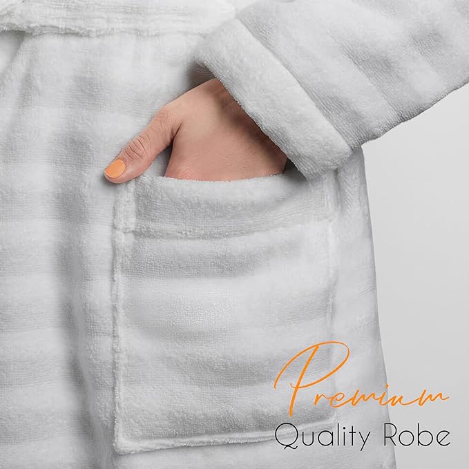 OLIVIA ROCCO Hydro Ribbed Ultra Soft 100 Percent Cotton Hooded Bath Robe With Pockets And Belt White And Grey Luxury Terry Towelling Loungewear
