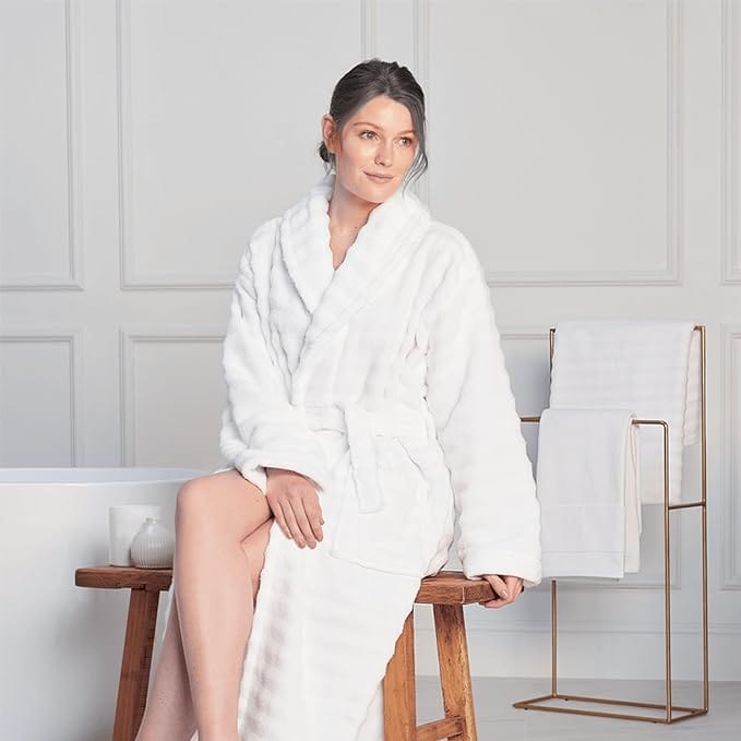 OLIVIA ROCCO Hydro Ribbed Ultra Soft 100 Percent Cotton Hooded Bath Robe With Pockets And Belt White And Grey Luxury Terry Towelling Loungewear