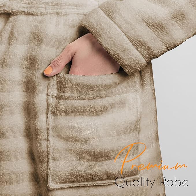 OLIVIA ROCCO Hydro Ribbed Ultra Soft 100 Percent Cotton Hooded Bath Robe With Pockets And Belt White And Grey Luxury Terry Towelling Loungewear
