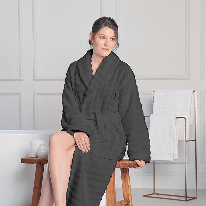 OLIVIA ROCCO Hydro Ribbed Ultra Soft 100 Percent Cotton Hooded Bath Robe With Pockets And Belt White And Grey Luxury Terry Towelling Loungewear