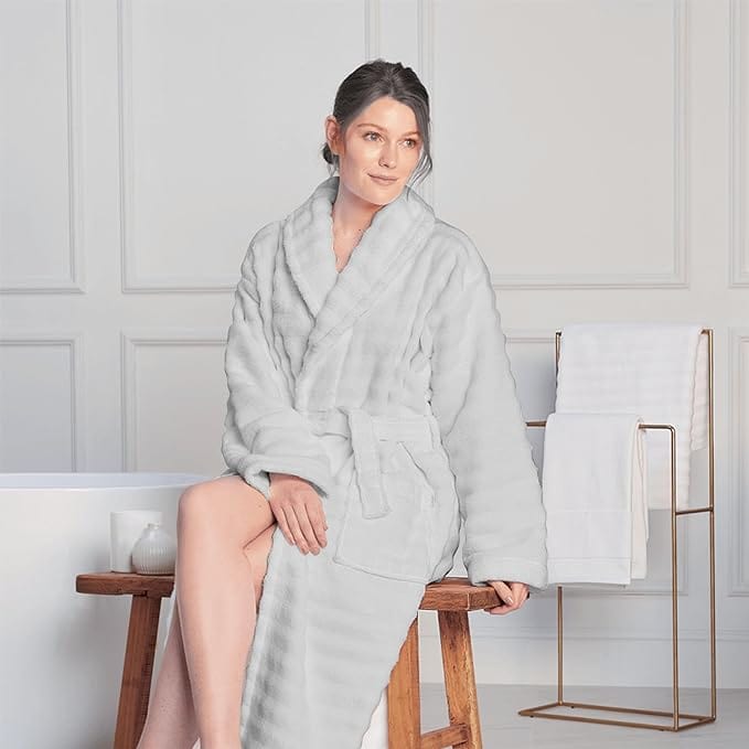 OLIVIA ROCCO Hydro Ribbed Ultra Soft 100 Percent Cotton Hooded Bath Robe With Pockets And Belt White And Grey Luxury Terry Towelling Loungewear