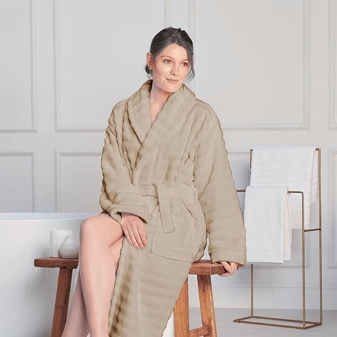 OLIVIA ROCCO Hydro Ribbed Ultra Soft 100 Percent Cotton Hooded Bath Robe With Pockets And Belt White And Grey Luxury Terry Towelling Loungewear