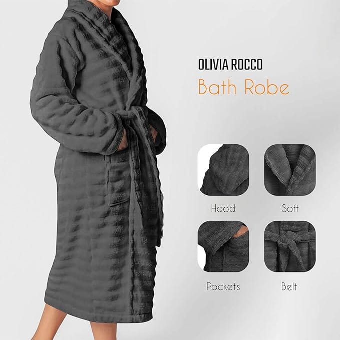 OLIVIA ROCCO Hydro Ribbed Ultra Soft 100 Percent Cotton Hooded Bath Robe With Pockets And Belt White And Grey Luxury Terry Towelling Loungewear