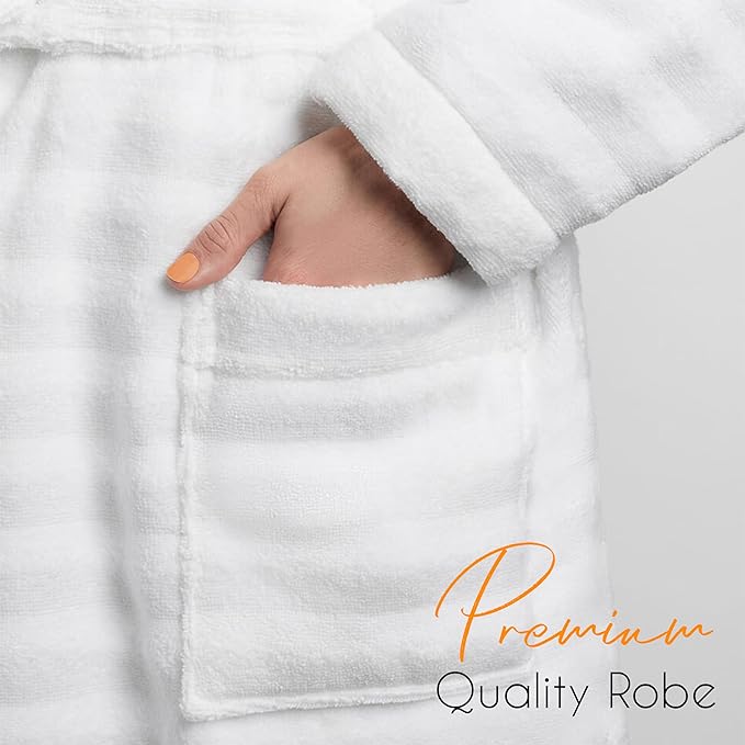 OLIVIA ROCCO Hydro Ribbed Ultra Soft 100 Percent Cotton Hooded Bath Robe With Pockets And Belt White And Grey Luxury Terry Towelling Loungewear