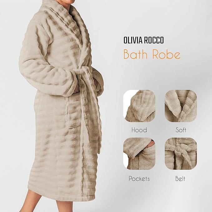 OLIVIA ROCCO Hydro Ribbed Ultra Soft 100 Percent Cotton Hooded Bath Robe With Pockets And Belt White And Grey Luxury Terry Towelling Loungewear