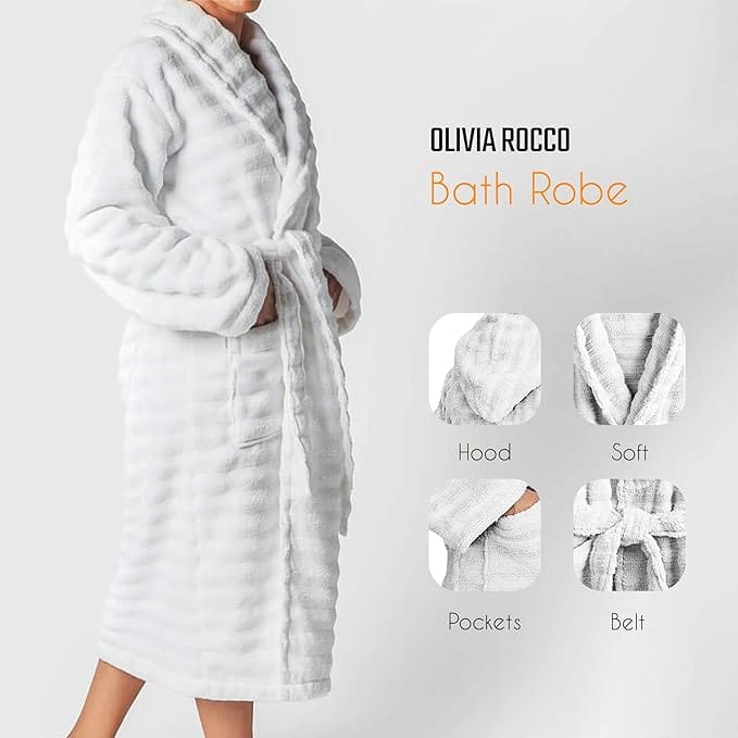OLIVIA ROCCO Hydro Ribbed Ultra Soft 100 Percent Cotton Hooded Bath Robe With Pockets And Belt White And Grey Luxury Terry Towelling Loungewear