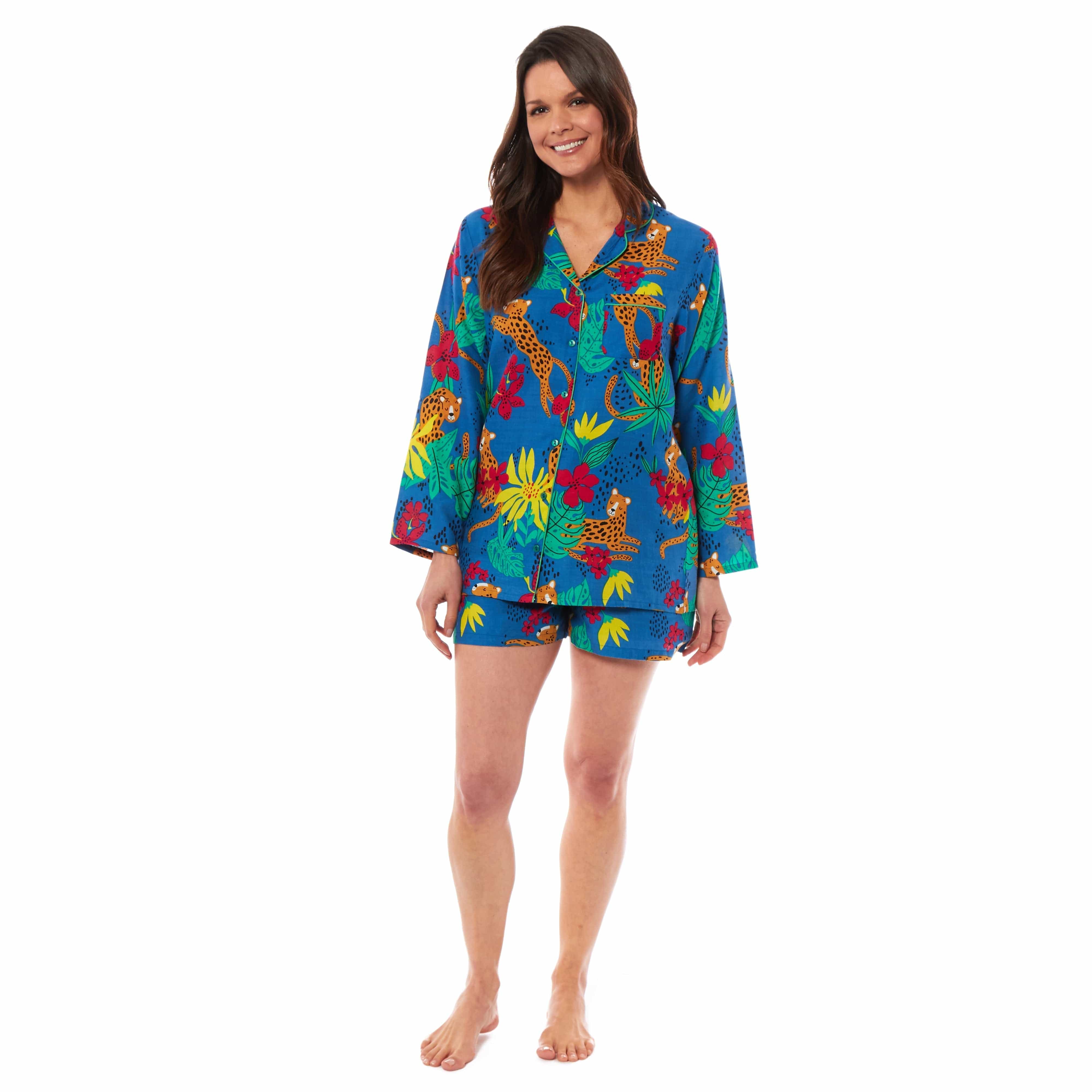 OLIVIA ROCCO Women's Jaguar Jungle Leopard Button-Up Short Pyjama Set - Soft Breathable Loungewear, Sizes S-XL, Soft CottonBlend For All Night Comfort