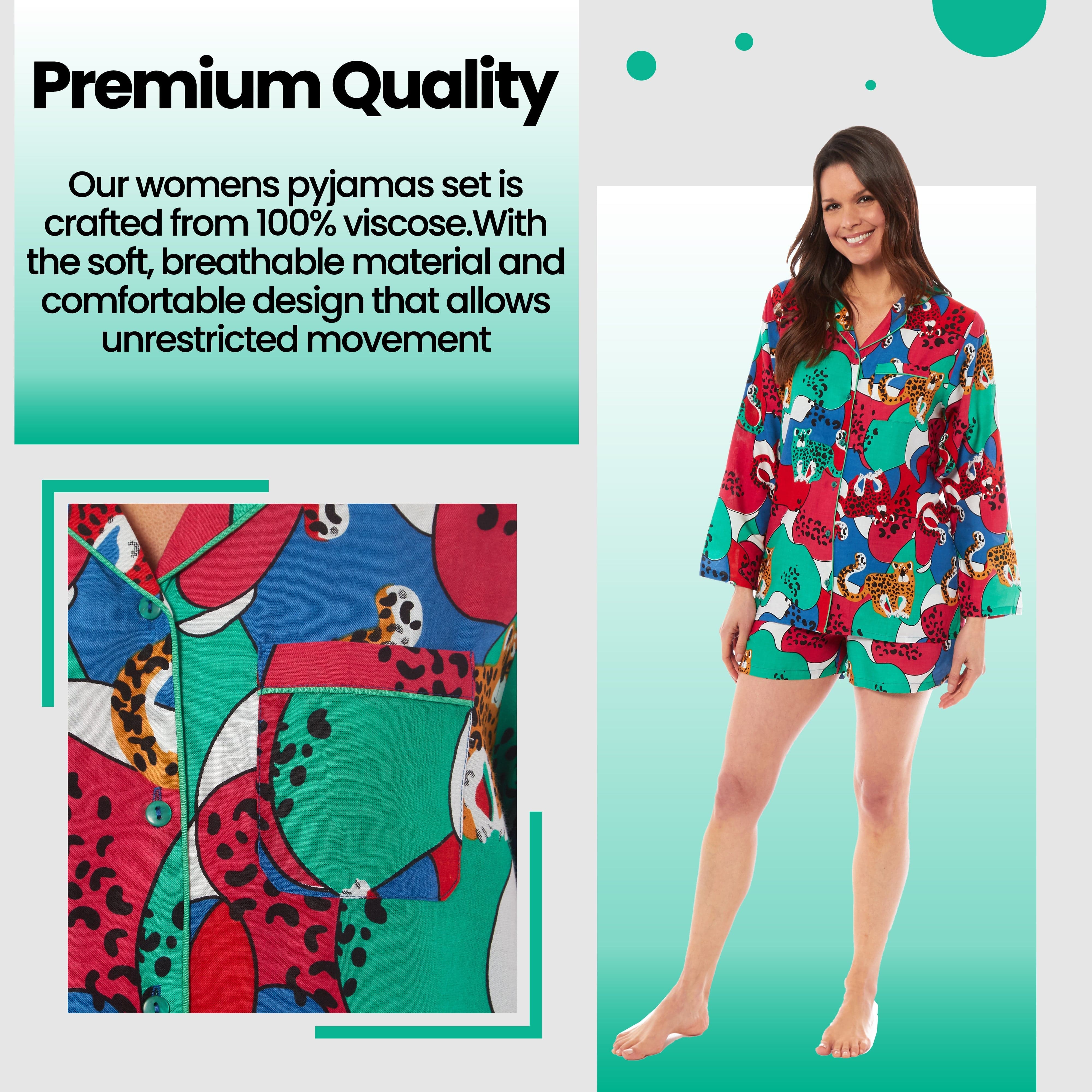 OLIVIA ROCCO Women's Jaguar Jungle Leopard Button-Up Short Pyjama Set - Soft Breathable Loungewear, Sizes S-XL, Soft CottonBlend For All Night Comfort