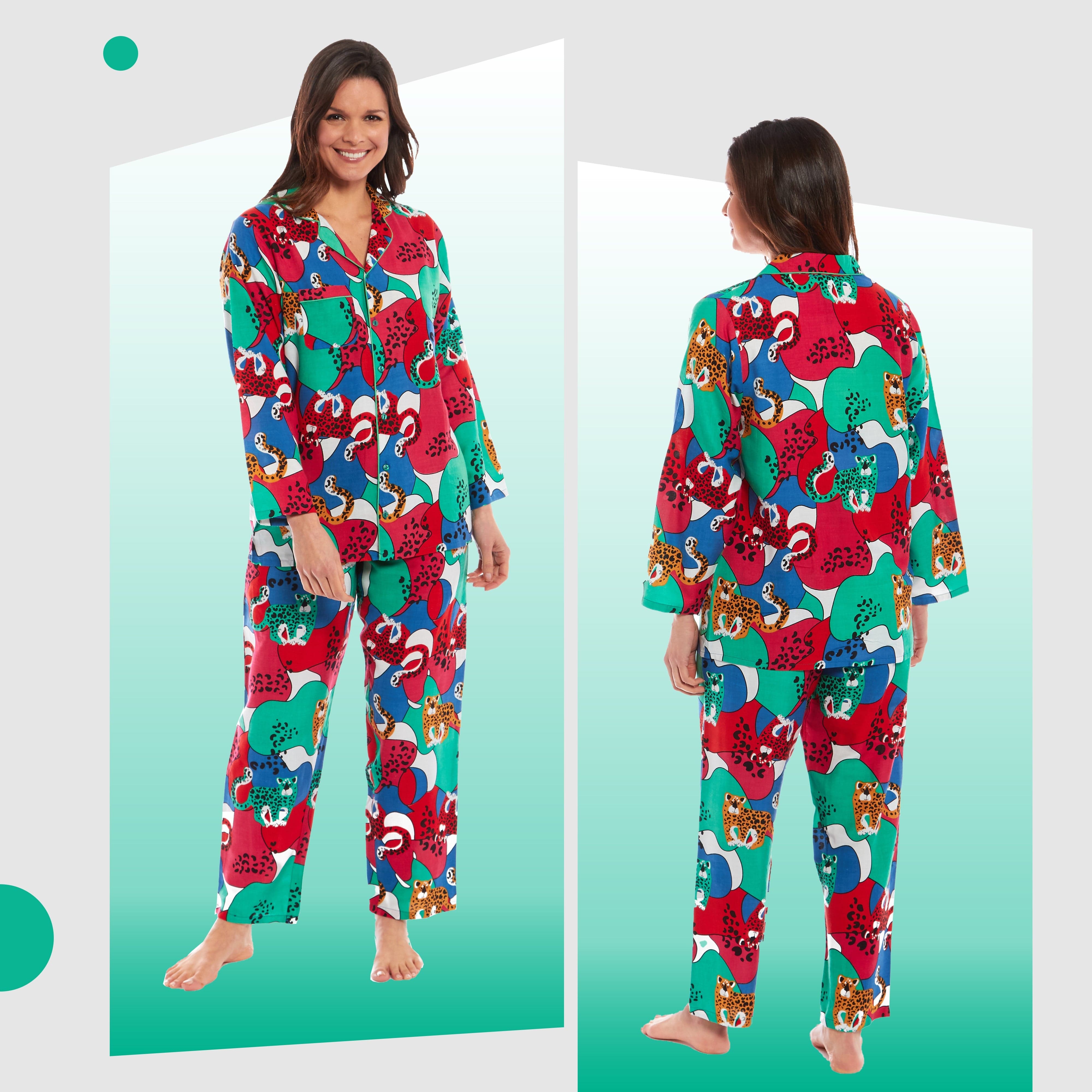 OLIVIA ROCCO Leopard Print Button Up Pyjama Set in Soft Breathable Viscose Sleepwear for Women Daisy Dreamer Sizes S M L XL