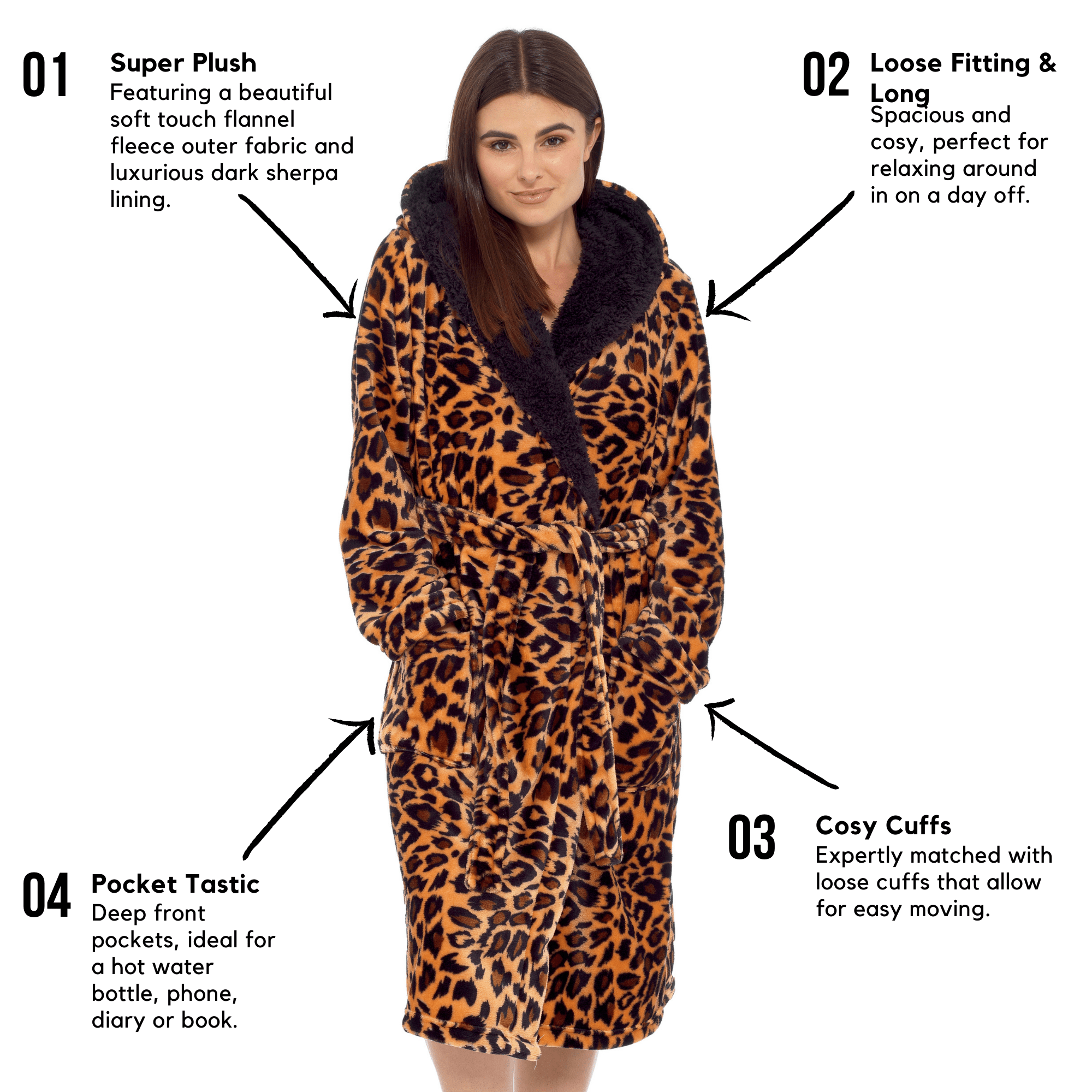 OLIVIA ROCCO Women's Leopard Plush F fleece Hooded Robe With Sherpa Lining, Cozy Thermal Nightwear, UK Sizes 8-22, Daisy Dreamer